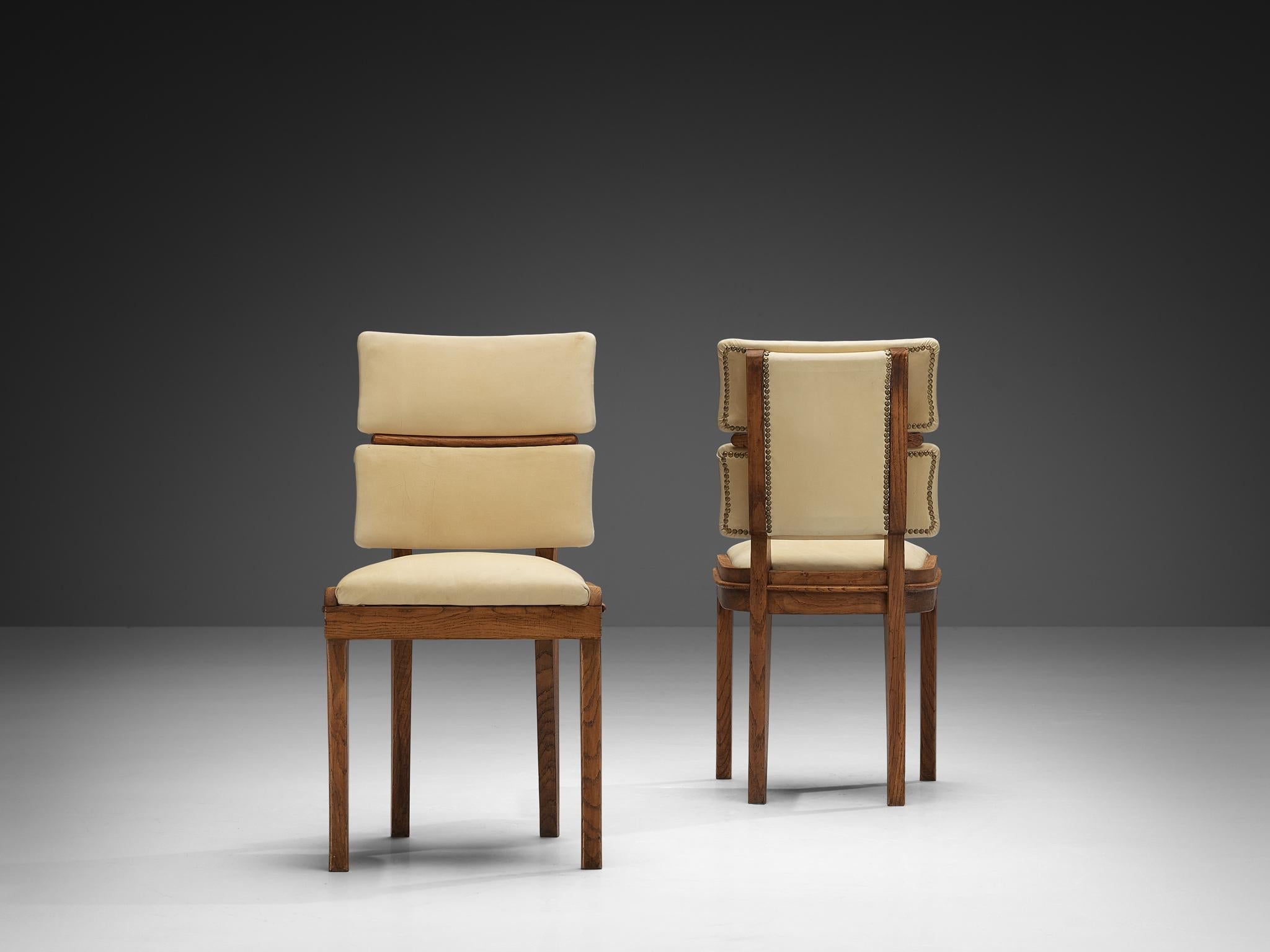 Set of Six Italian Art Deco Dining Chairs in Oak Brass & Light Beige Fabric seating Morentz