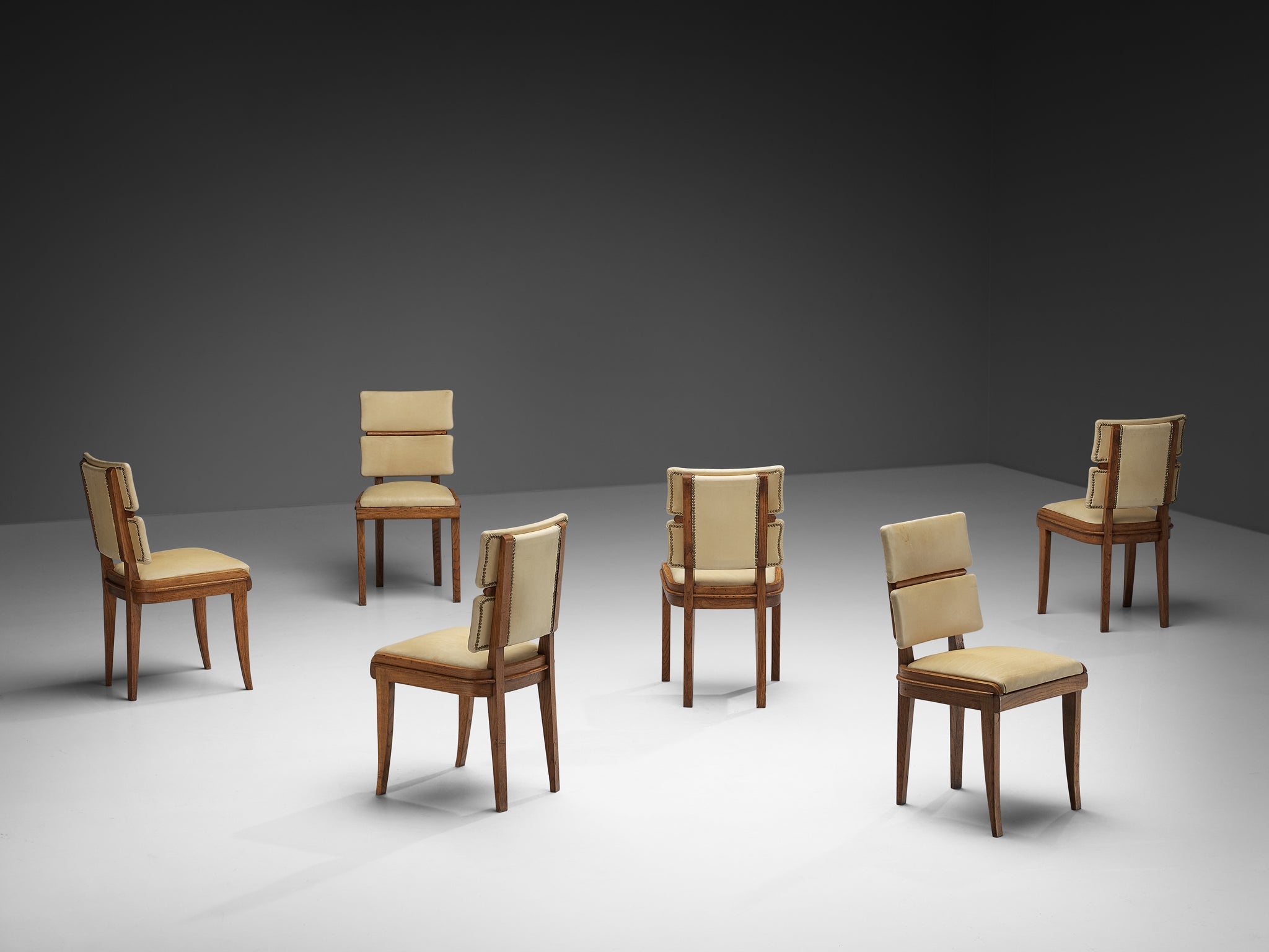 Set of Six Italian Art Deco Dining Chairs in Oak Brass & Light Beige Fabric Seating Morentz