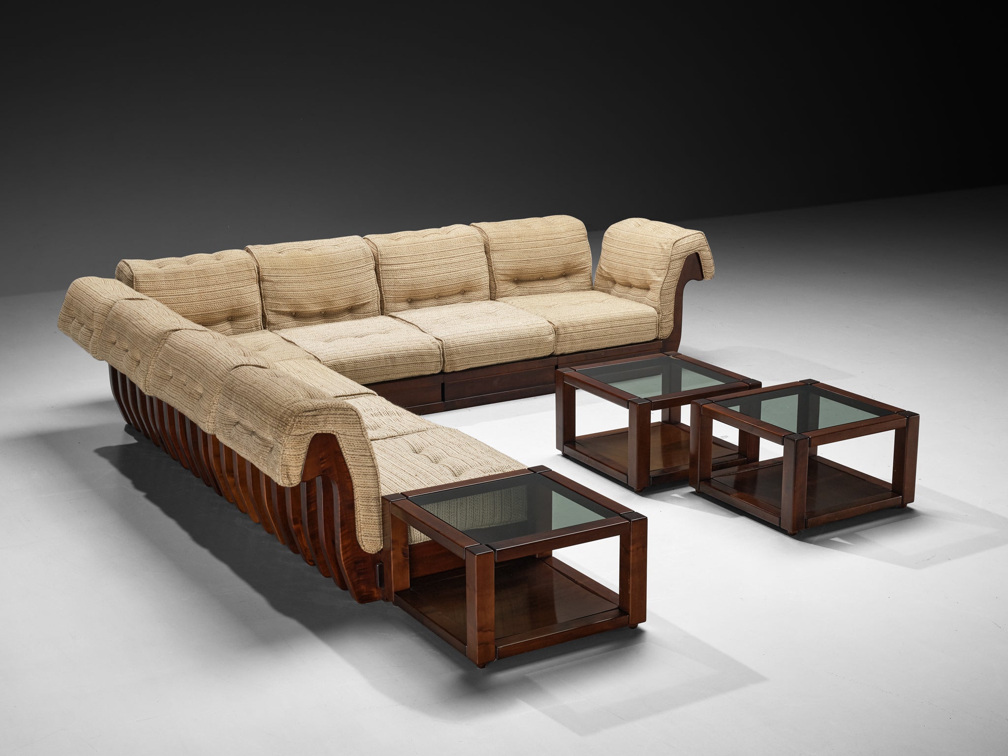 Luciano Frigerio 'Can Can' Sectional Sofa with Side Tables in Dark Wood Seating Morentz