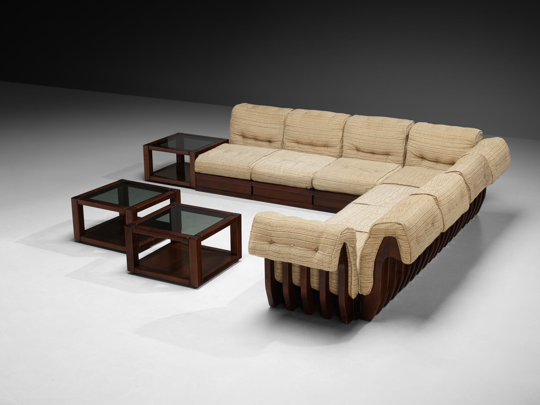 Luciano Frigerio 'Can Can' Sectional Sofa with Side Tables in Dark Wood Seating Morentz