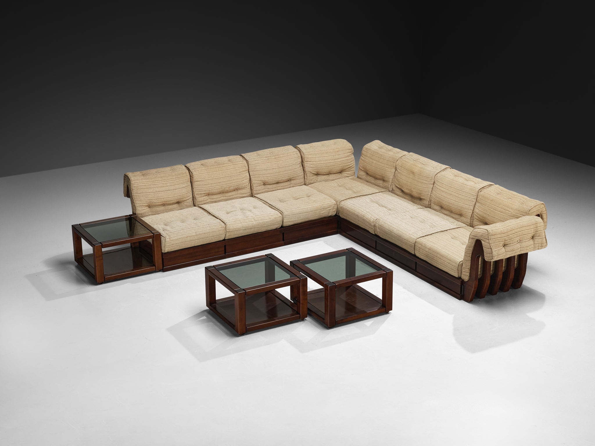 Luciano Frigerio 'Can Can' Sectional Sofa with Side Tables in Dark Wood Seating Morentz