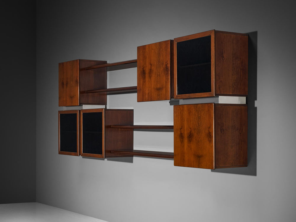 Italian Modular Shelving Wall Unit with Cabinets in Walnut Stainless S