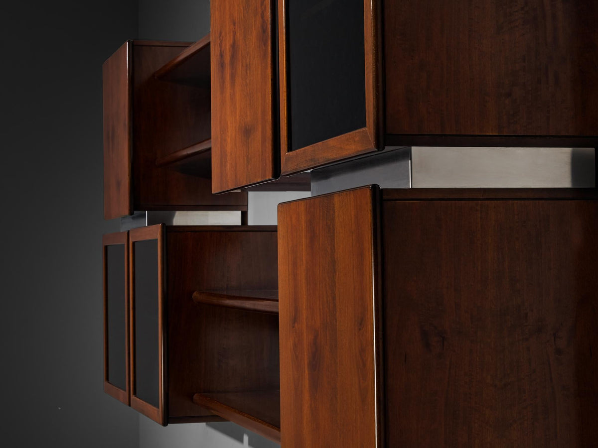 Italian Modular Shelving Wall Unit with Cabinets in Walnut Stainless S