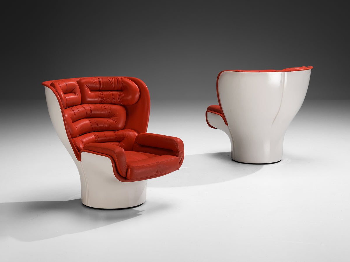 Joe Colombo for Comfort 'Elda' Lounge Chairs in Red Leather and Fiberglass Seating Morentz