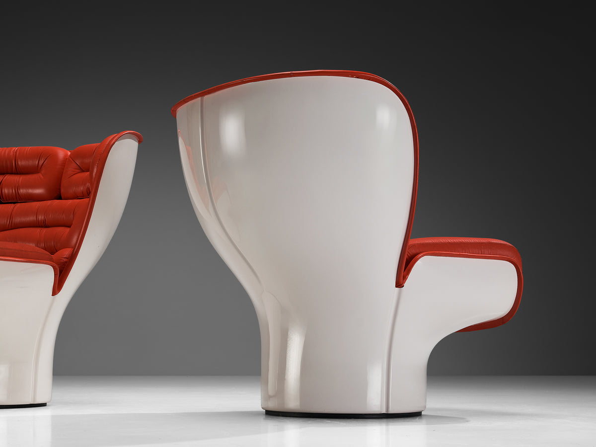 Joe Colombo for Comfort 'Elda' Lounge Chairs in Red Leather and Fiberglass Seating Morentz