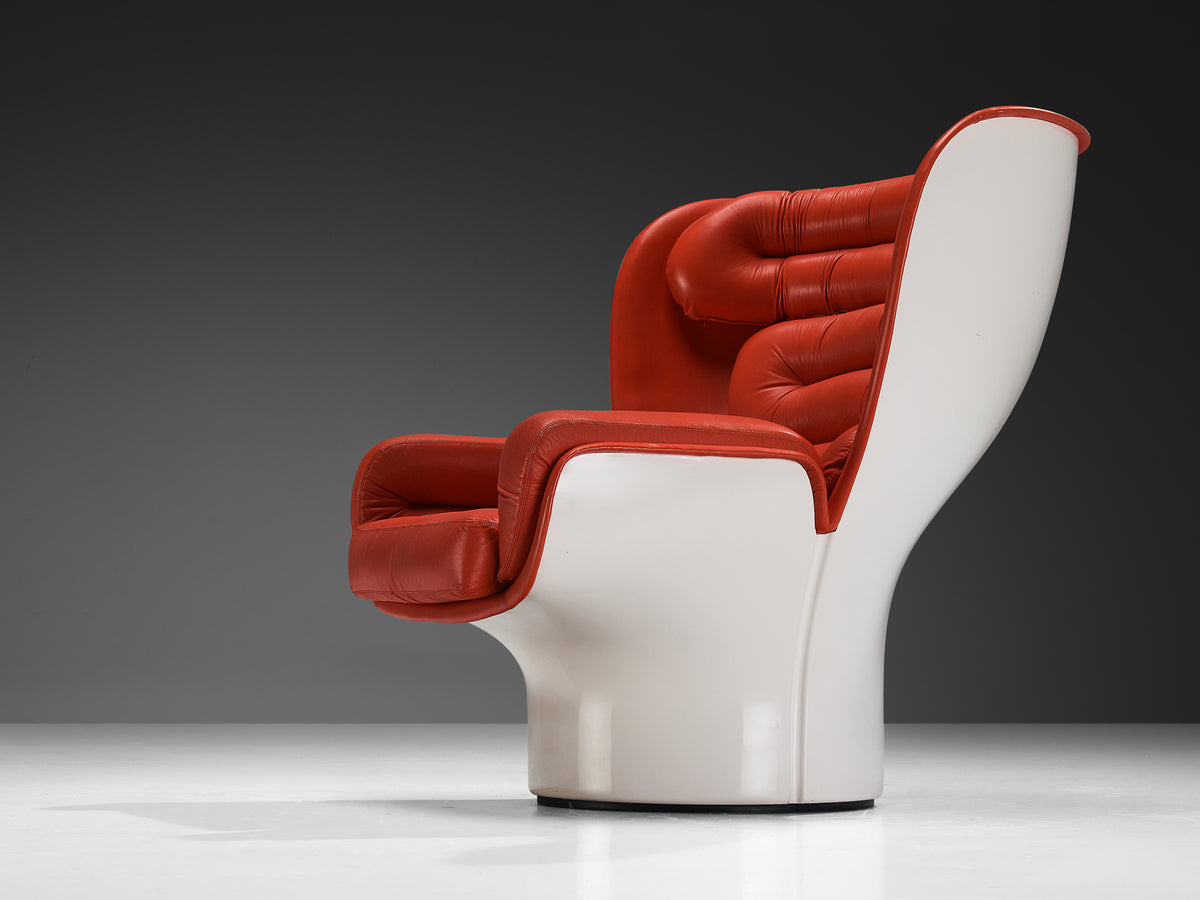 Joe Colombo for Comfort 'Elda' Lounge Chairs in Red Leather and Fiberglass Seating Morentz