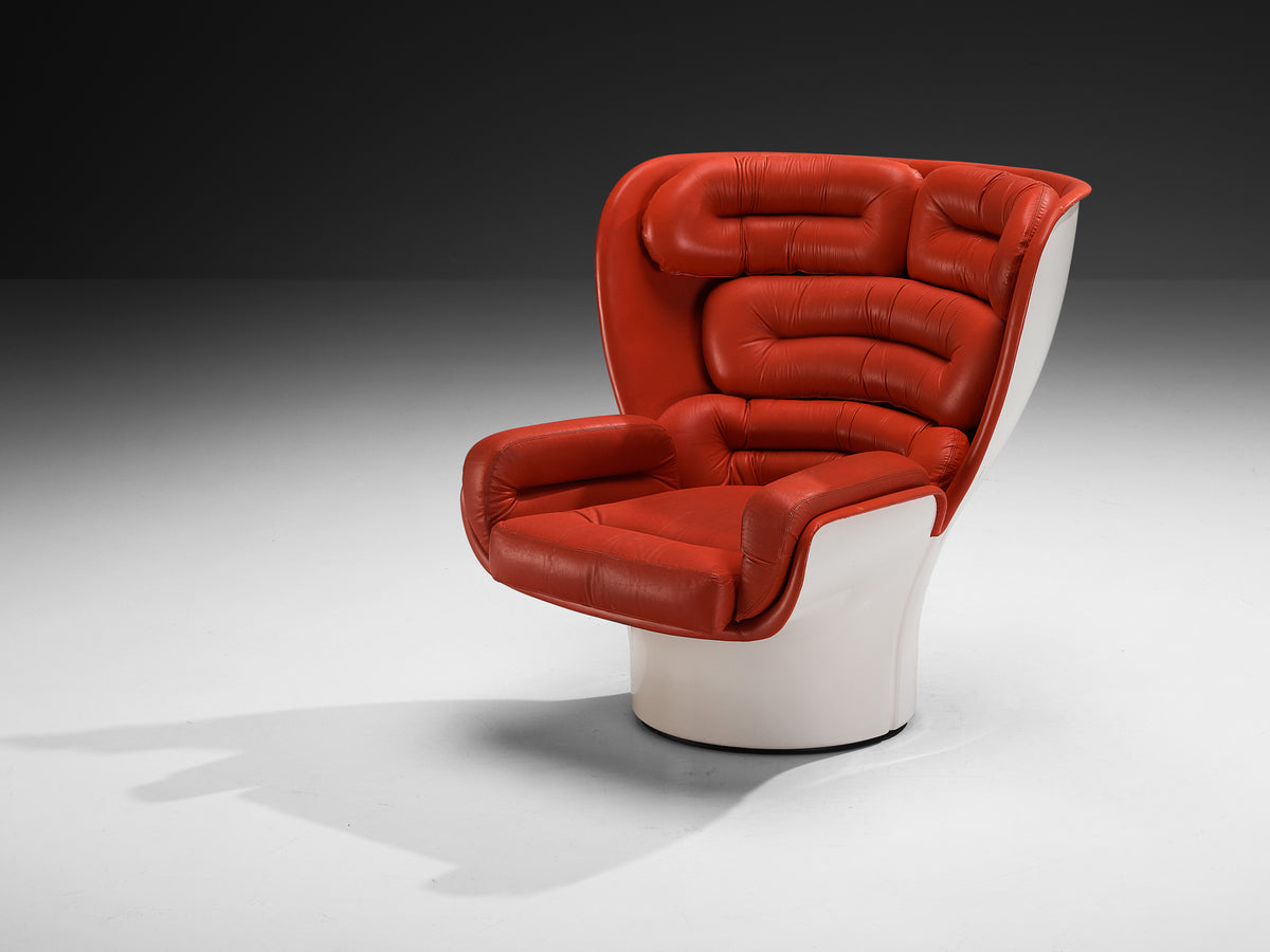 Joe Colombo for Comfort 'Elda' Lounge Chair in Red Leather and Fiberglass Seating Morentz