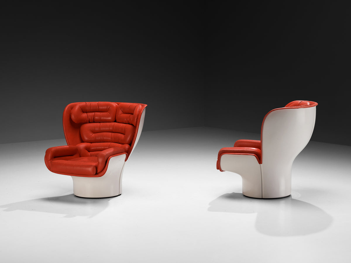 Joe Colombo for Comfort 'Elda' Lounge Chairs in Red Leather and Fiberglass Seating Morentz