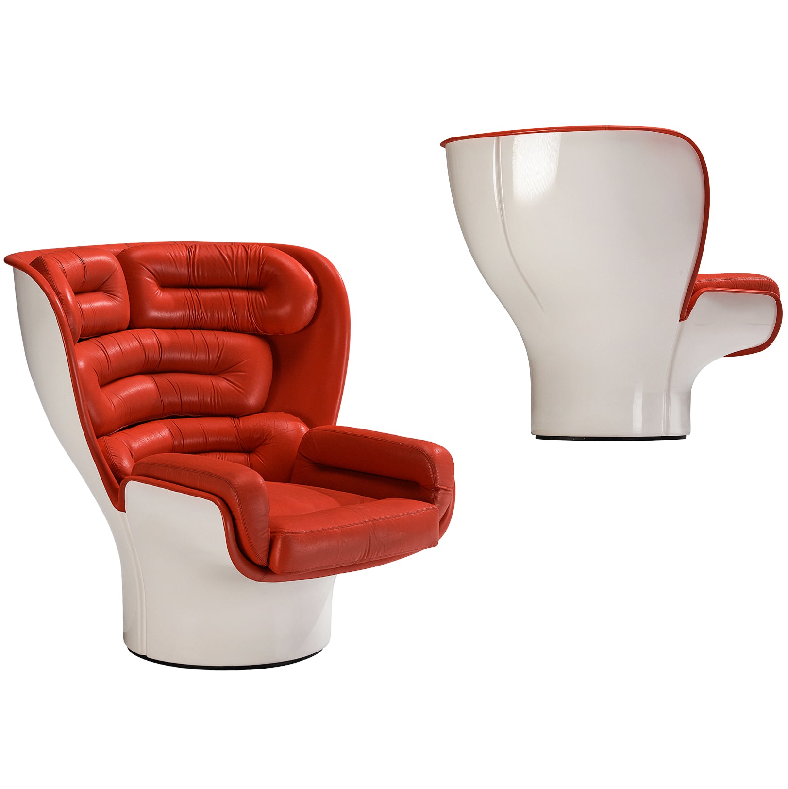Joe Colombo for Comfort 'Elda' Lounge Chairs in Red Leather and Fiberglass Seating Morentz
