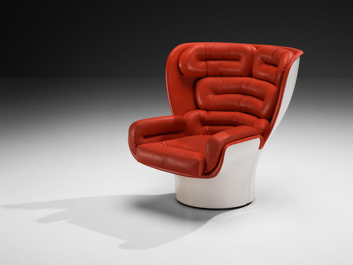 Joe Colombo for Comfort 'Elda' Lounge Chairs in Red Leather and Fiberglass Seating Morentz