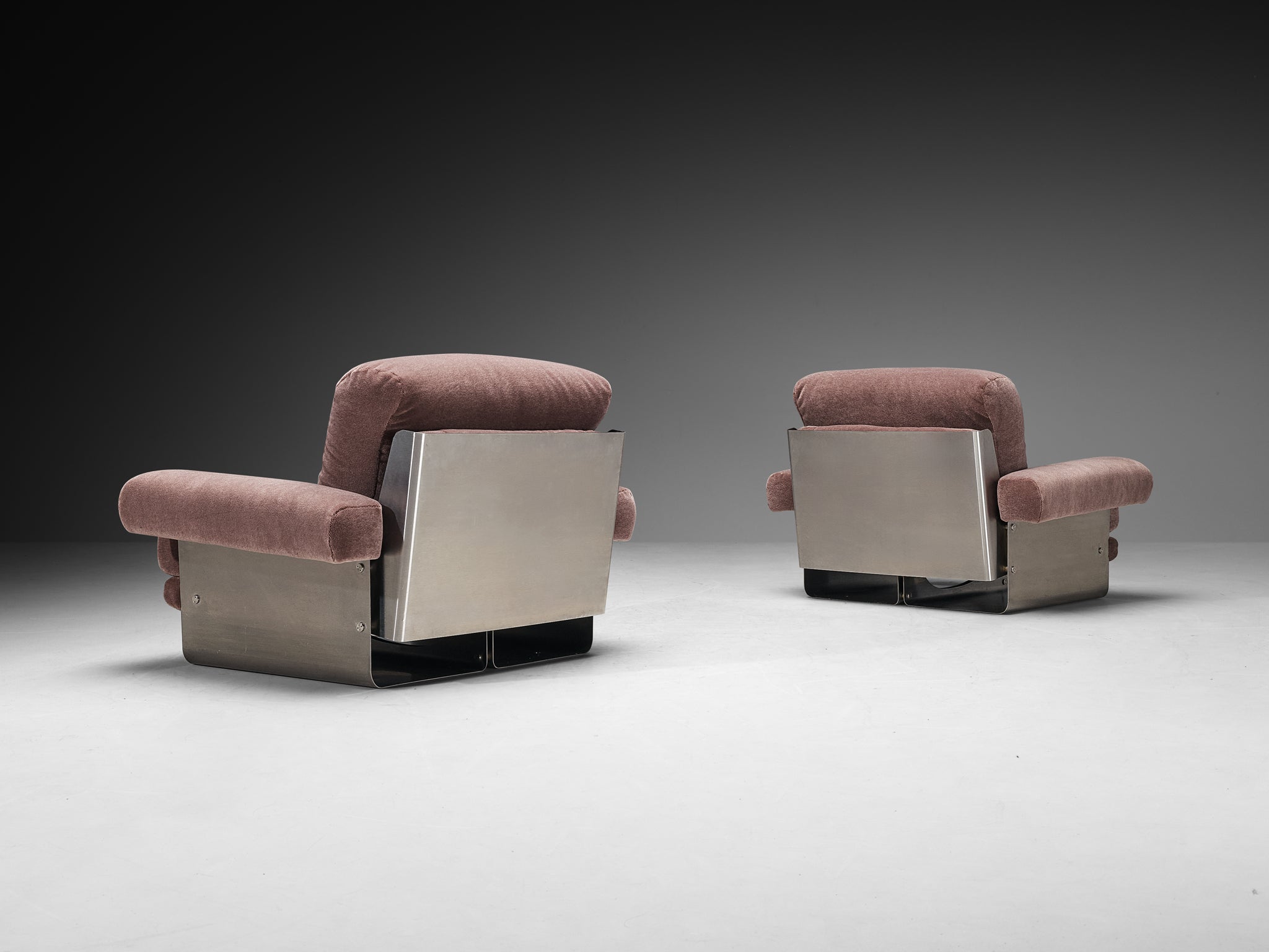 Post-Modern French Pair of Lounge Chairs in Brushed Steel & Grey Upholstery Seating Morentz