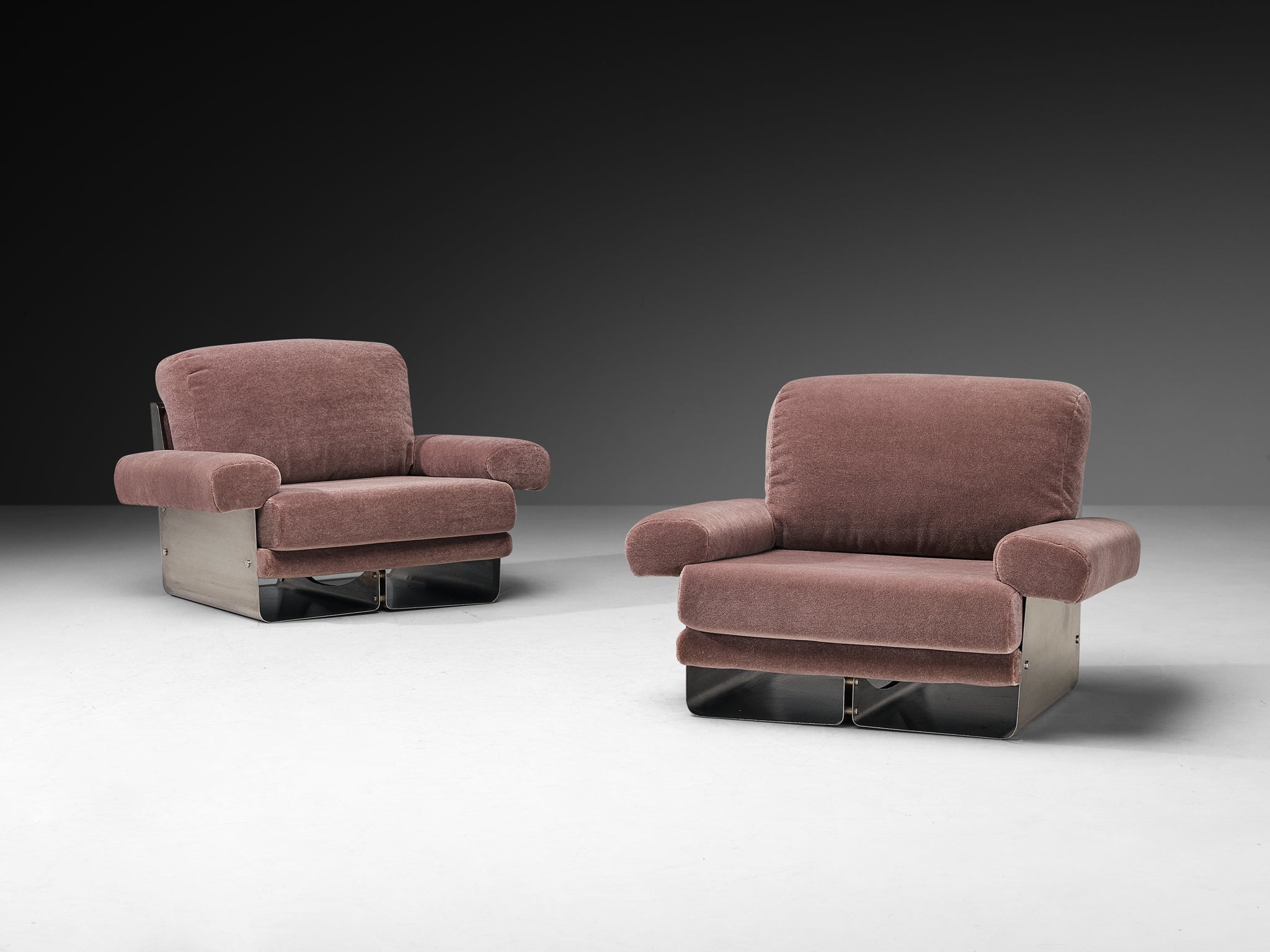 Post-Modern French Pair of Lounge Chairs in Brushed Steel & Grey Upholstery Seating Morentz