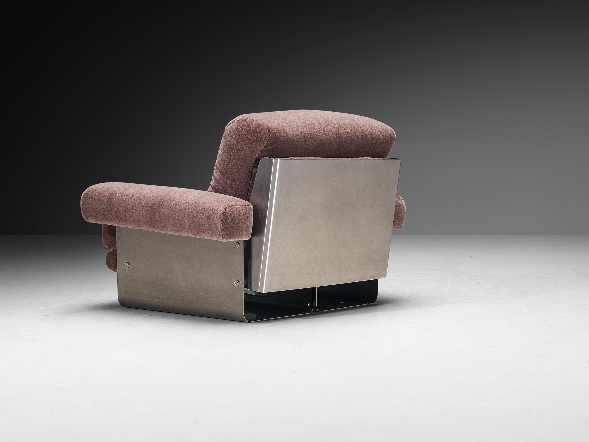 Post-Modern French Pair of Lounge Chairs in Brushed Steel & Grey Upholstery Seating Morentz