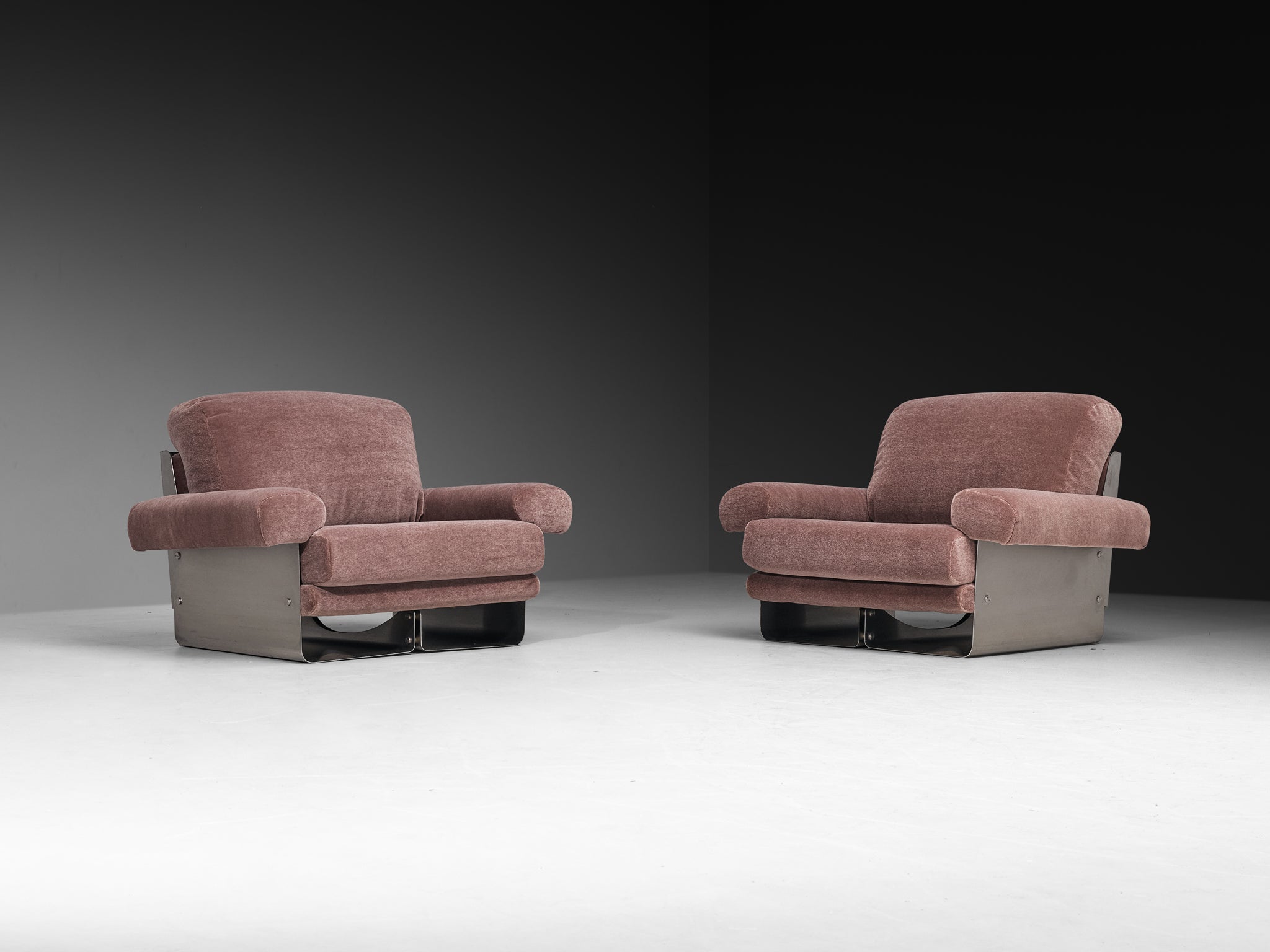 Post-Modern French Pair of Lounge Chairs in Brushed Steel & Grey Upholstery Seating Morentz