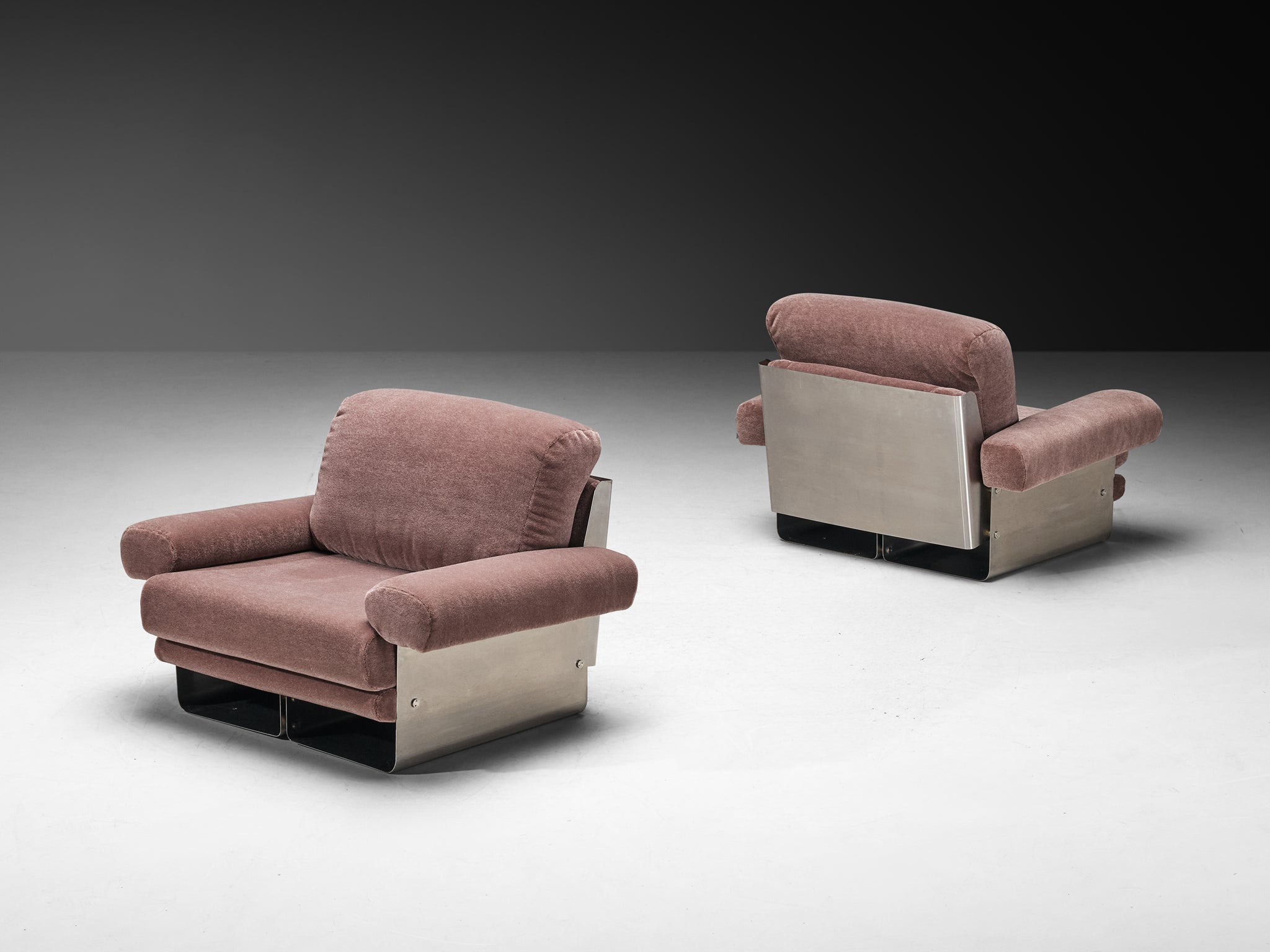 Post-Modern French Pair of Lounge Chairs in Brushed Steel & Grey Upholstery Seating Morentz