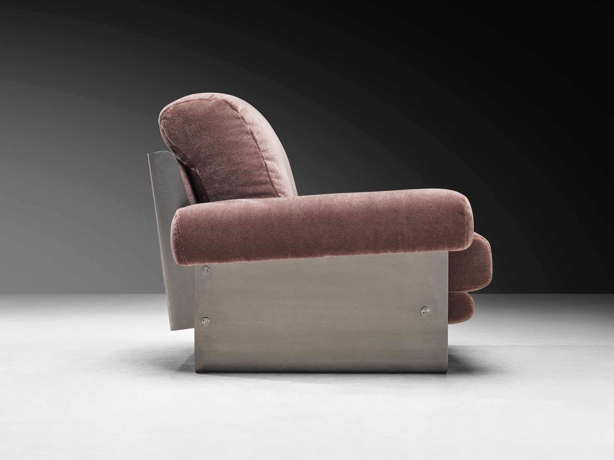 Post-Modern French Pair of Lounge Chairs in Brushed Steel & Grey Upholstery Seating Morentz