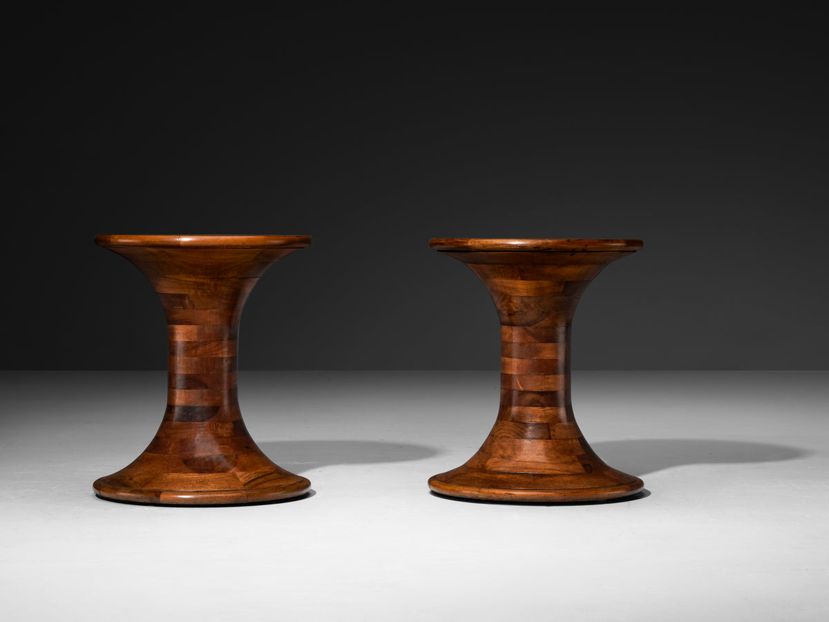 Pair of Sculptural Side Tables in Caramel Colored Walnut Wood Tables Morentz