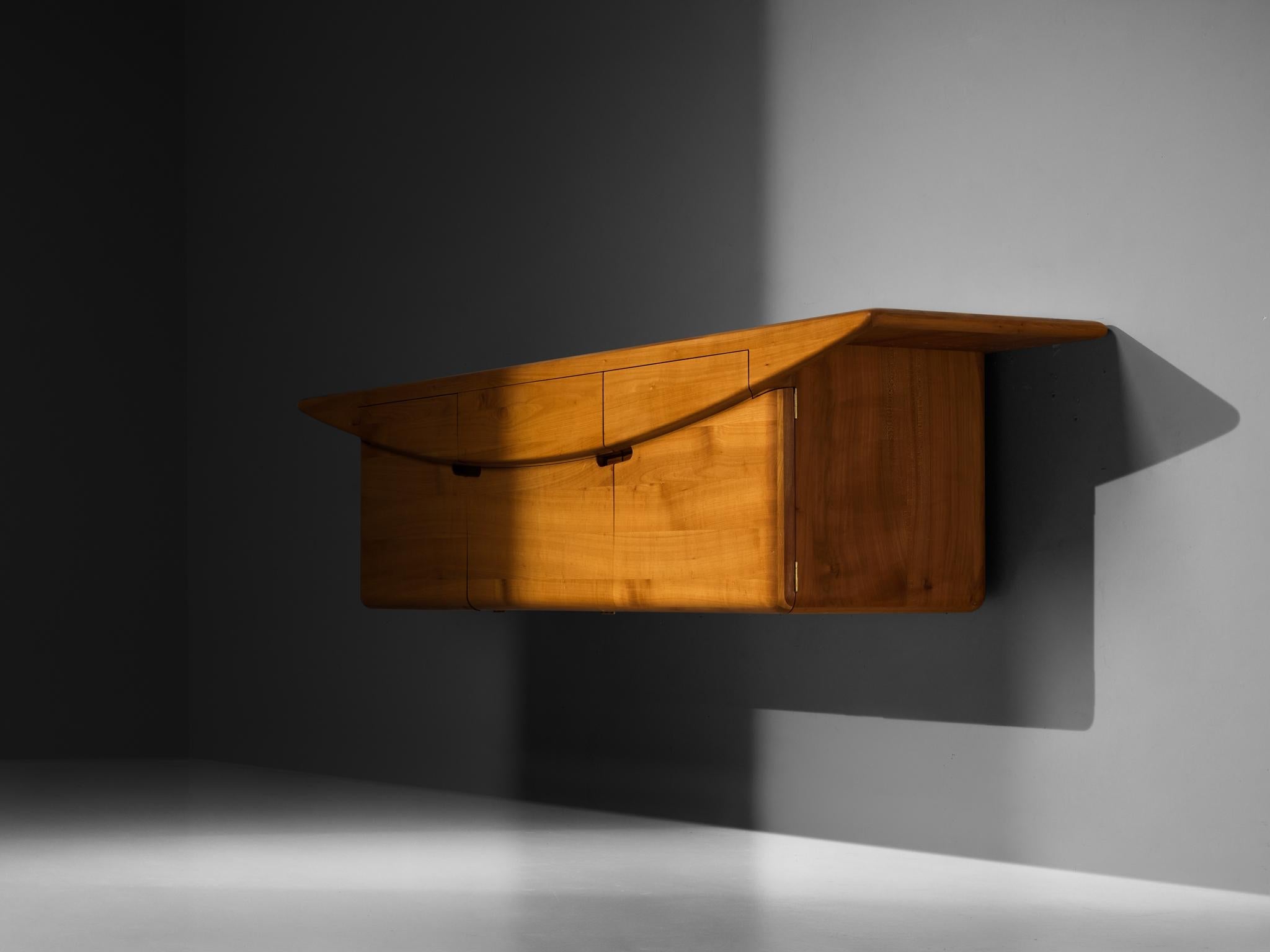 Mid-Century Inspired Sculptural Wall Mounted Sideboard in Solid Elm & Brass case pieces and storage cabinets Morentz