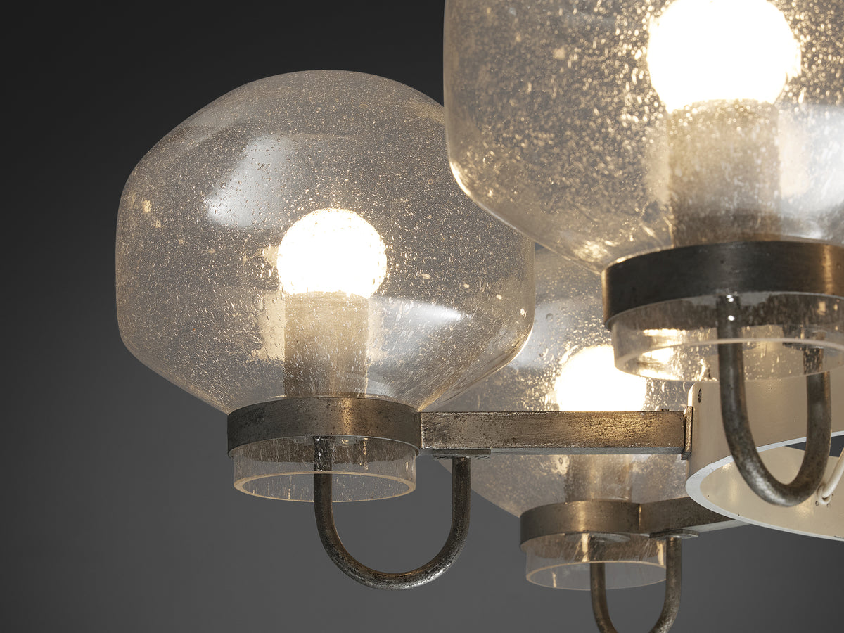 1970s Chandelier in Silver-Colored Metal & Blown Glass Lighting Morentz