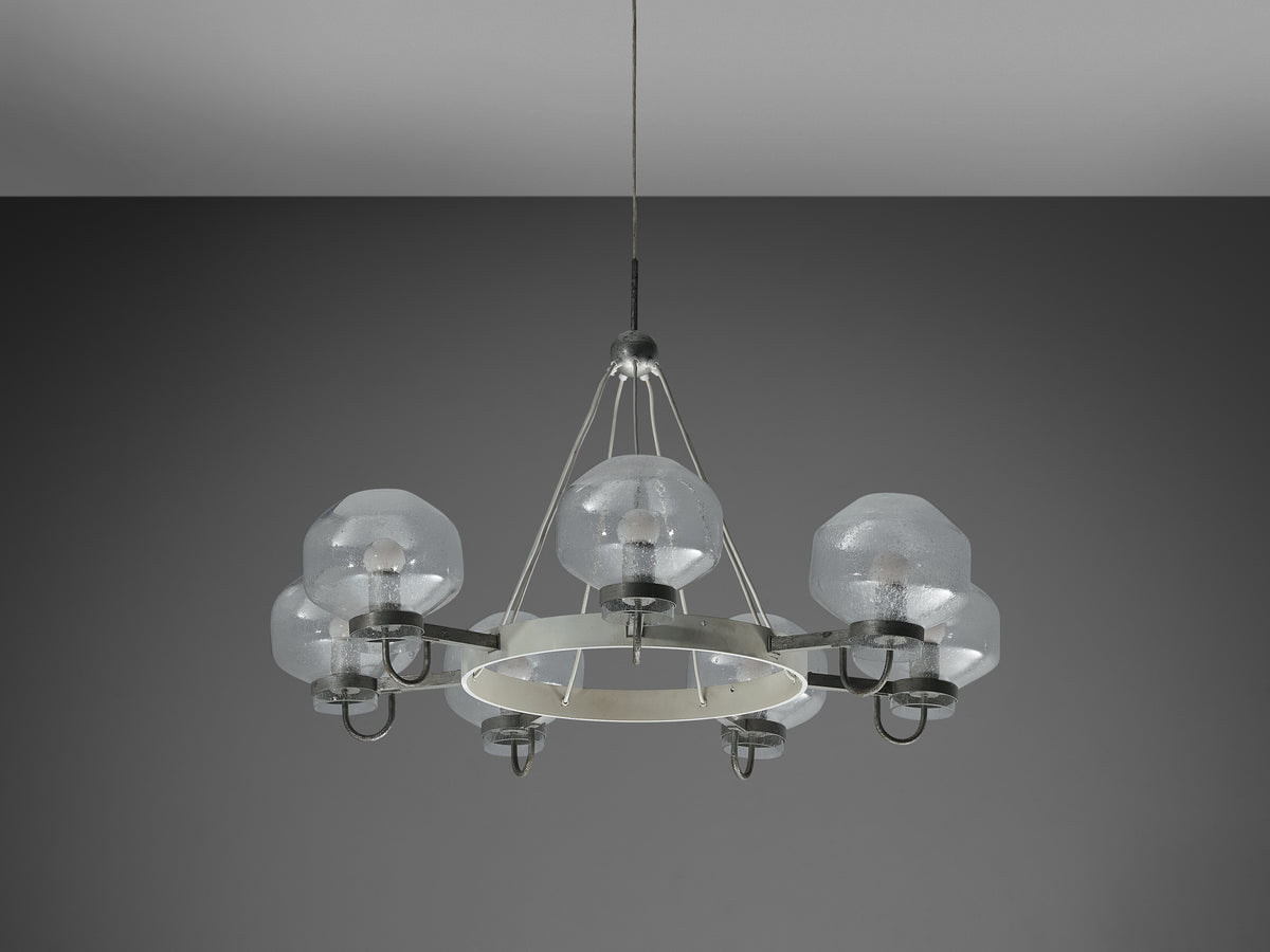 1970s Chandelier in Silver-Colored Metal & Blown Glass Lighting Morentz