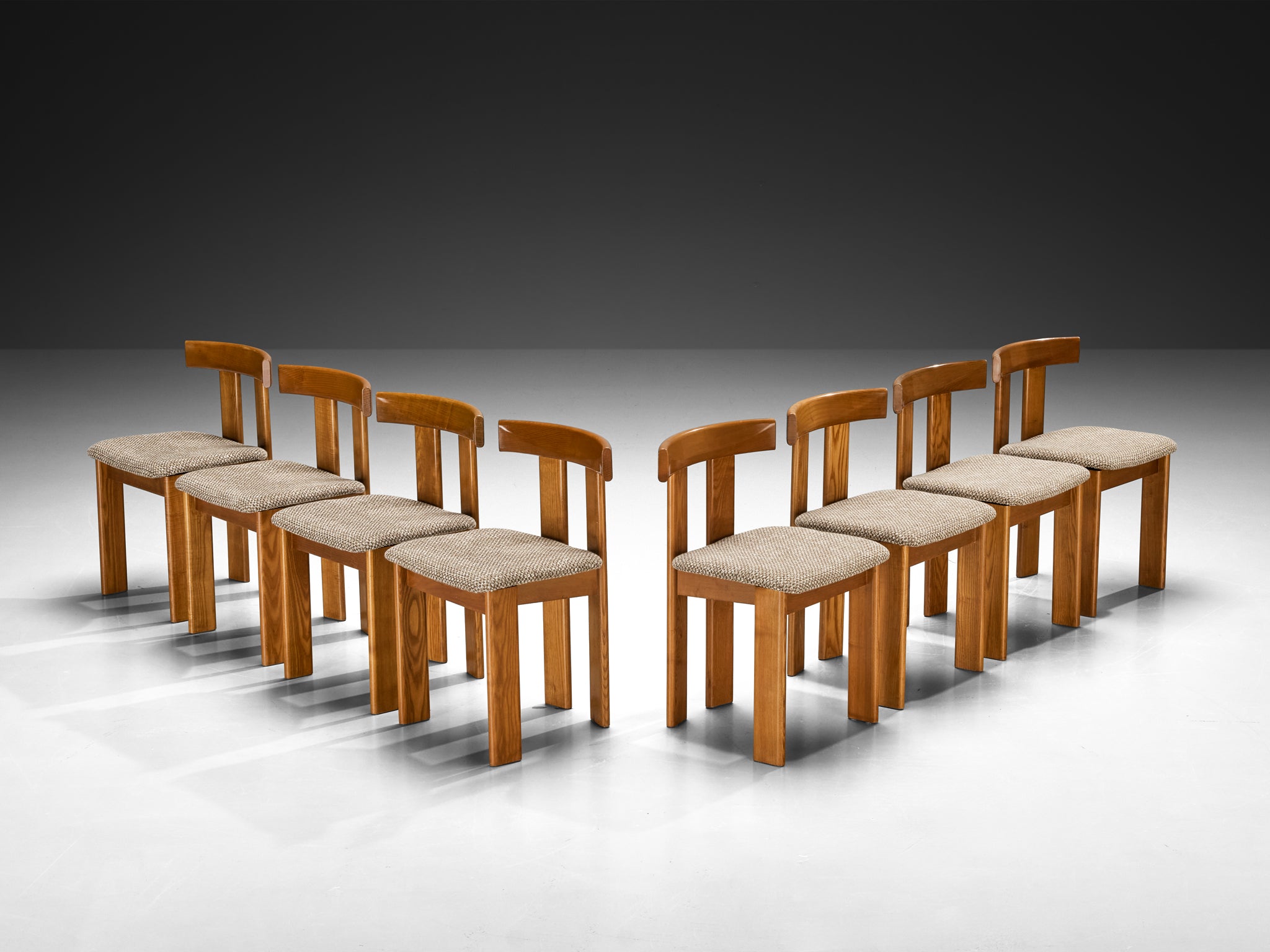 Luigi Vaghi for Former Set of Eight Dining Chairs in Ash and Woven Fabric Seating Morentz