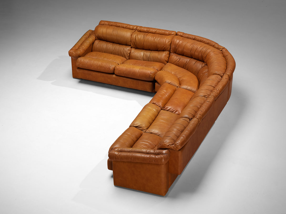 Italian Post-Modern Sectional Corner Sofa in Cognac Brown Leather Seating Morentz