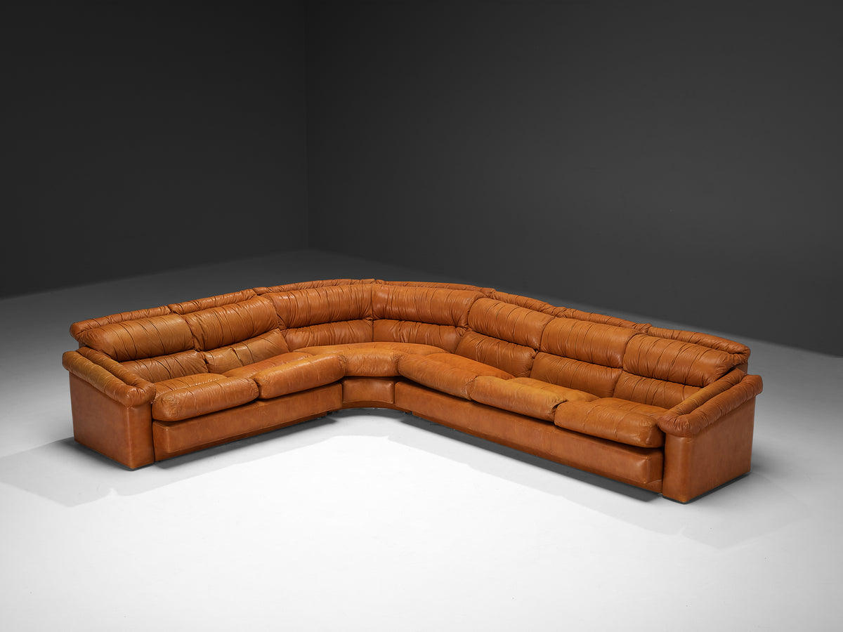 Italian Post-Modern Sectional Corner Sofa in Cognac Brown Leather Seating Morentz