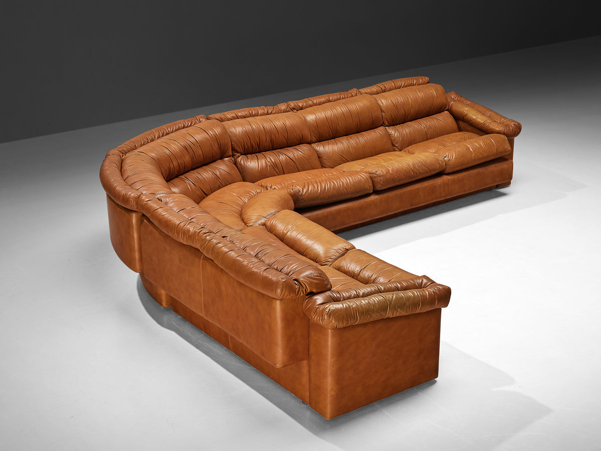Italian Post-Modern Sectional Corner Sofa in Cognac Brown Leather Seating Morentz