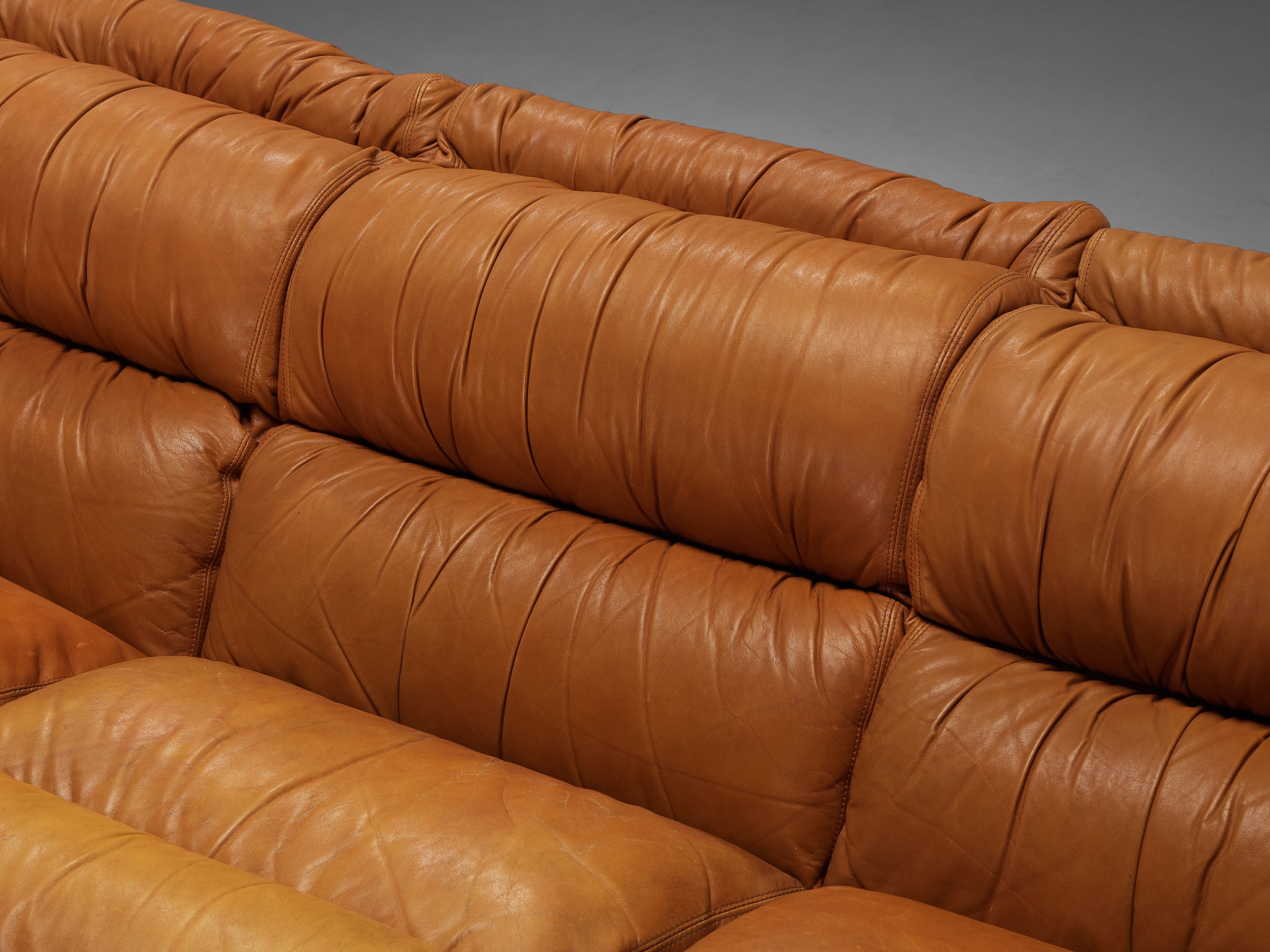 Italian Post-Modern Sectional Corner Sofa in Cognac Brown Leather Seating Morentz
