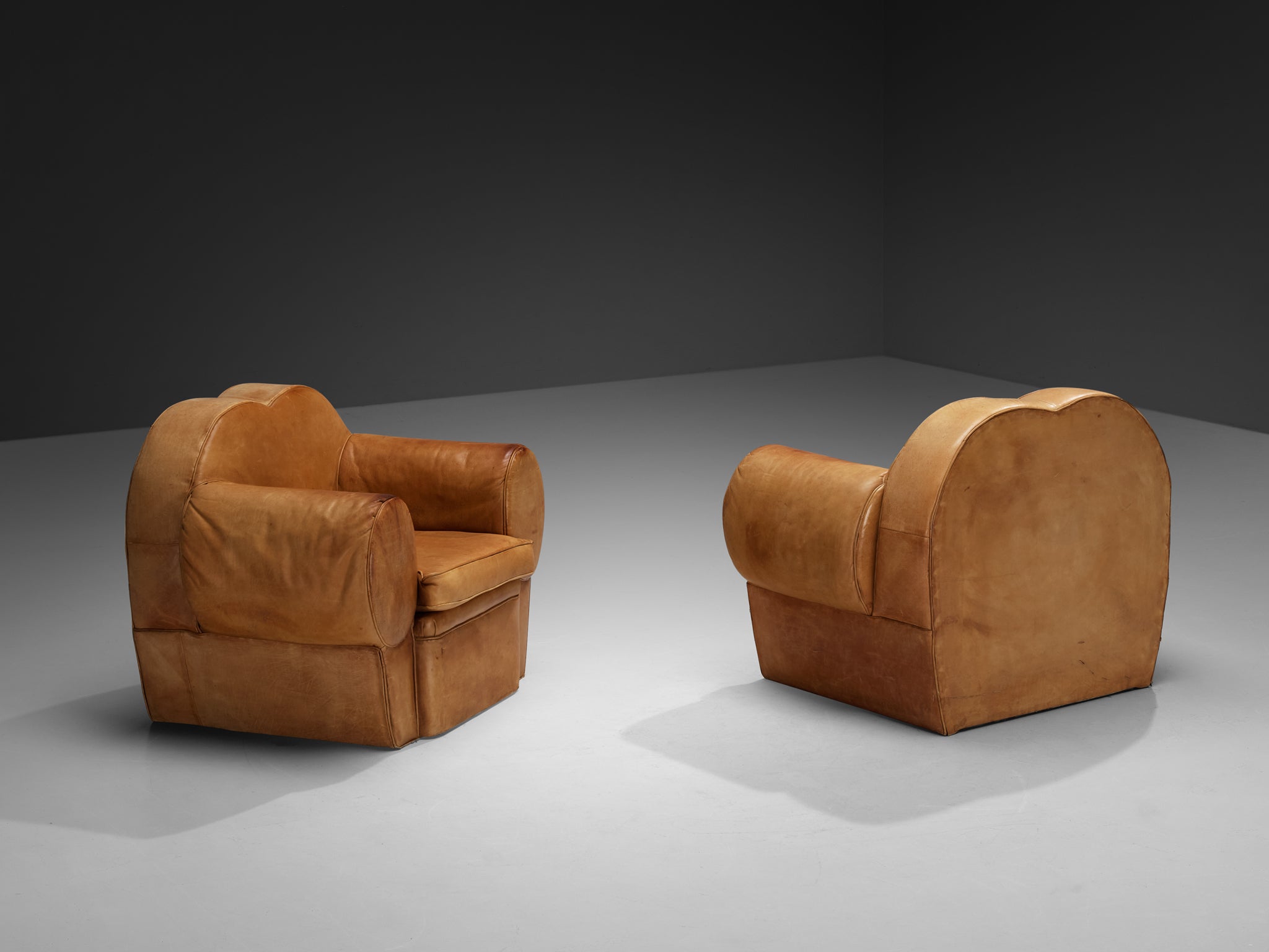 French Art Deco Pair of Lounge Chairs in Cognac Leather Seating Morentz