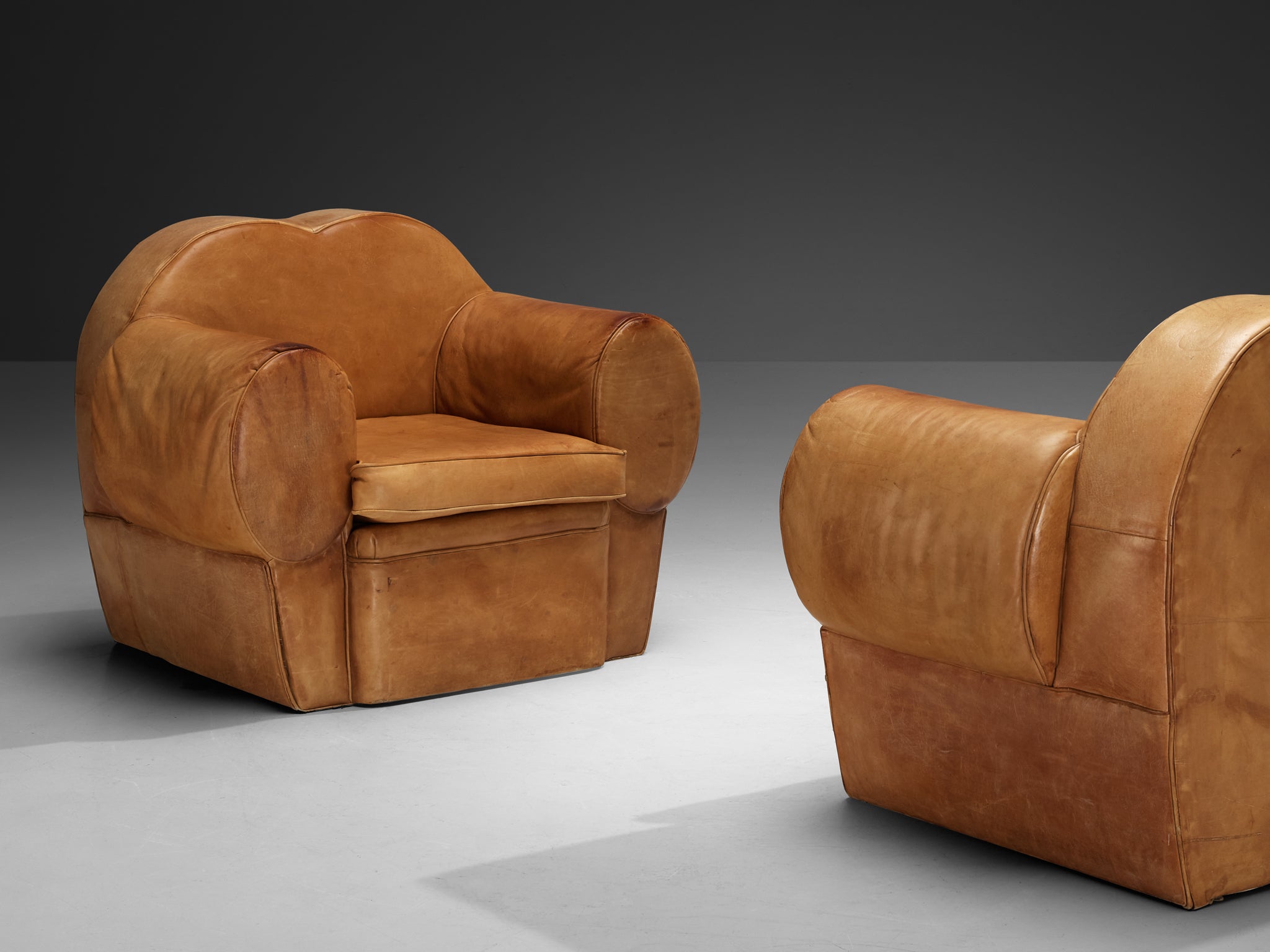 French Art Deco Pair of Lounge Chairs in Cognac Leather Seating Morentz