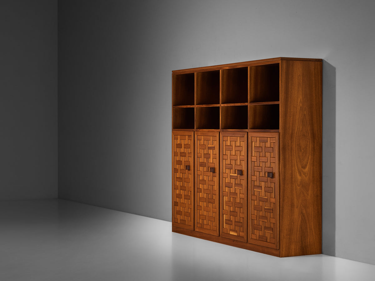 Italian Architectural Grid-Structured Higboard or Bookcase in Walnut Case pieces and storage cabinets Morentz