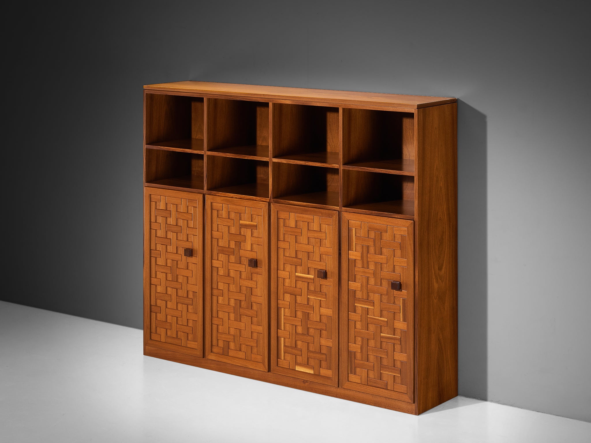 Italian Architectural Grid-Structured Higboard or Bookcase in Walnut Case pieces and storage cabinets Morentz