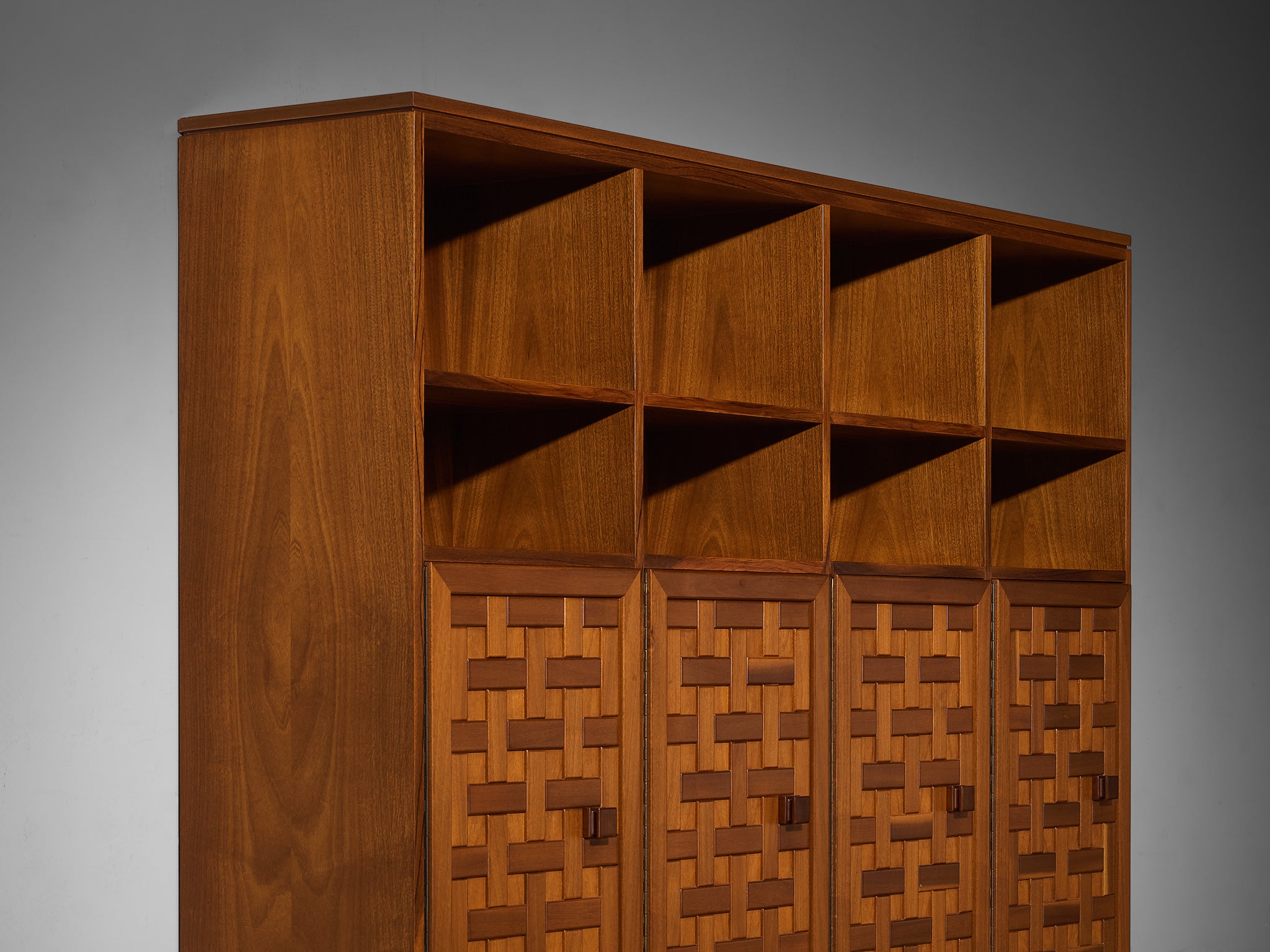 Italian Architectural Grid-Structured Higboard or Bookcase in Walnut Case pieces and storage cabinets Morentz