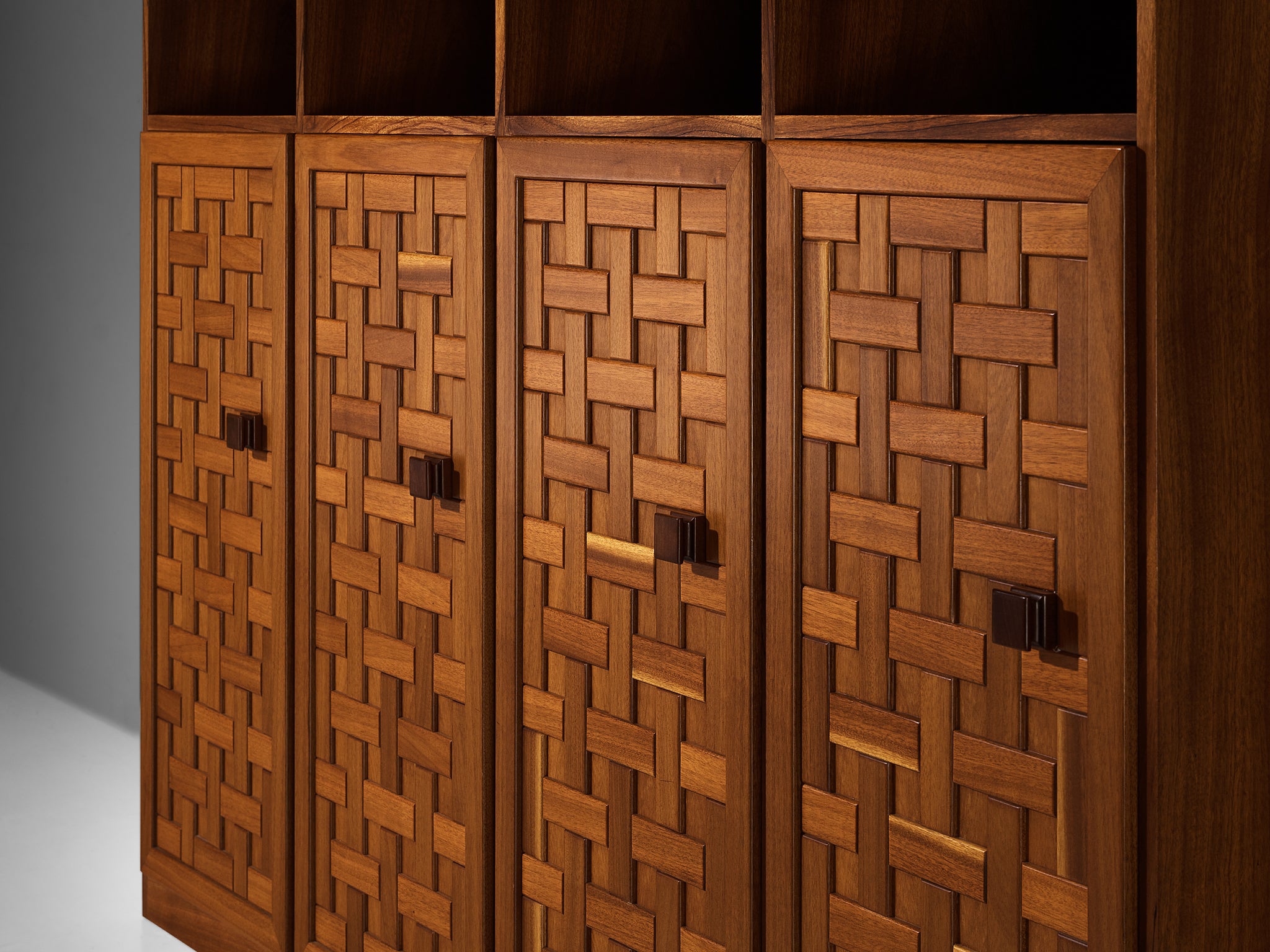 Italian Architectural Grid-Structured Higboard or Bookcase in Walnut Case pieces and storage cabinets Morentz
