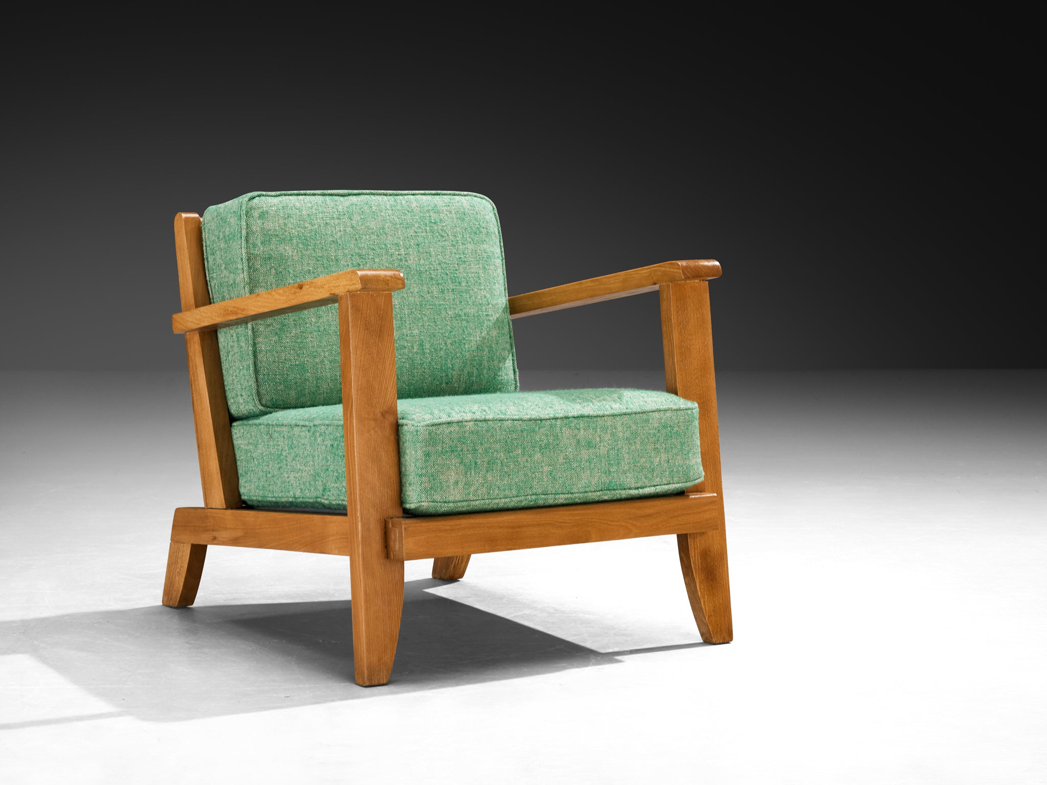 René Gabriel Lounge Chair in Green Linen Pierre Frey Fabric and Wood Seating Morentz