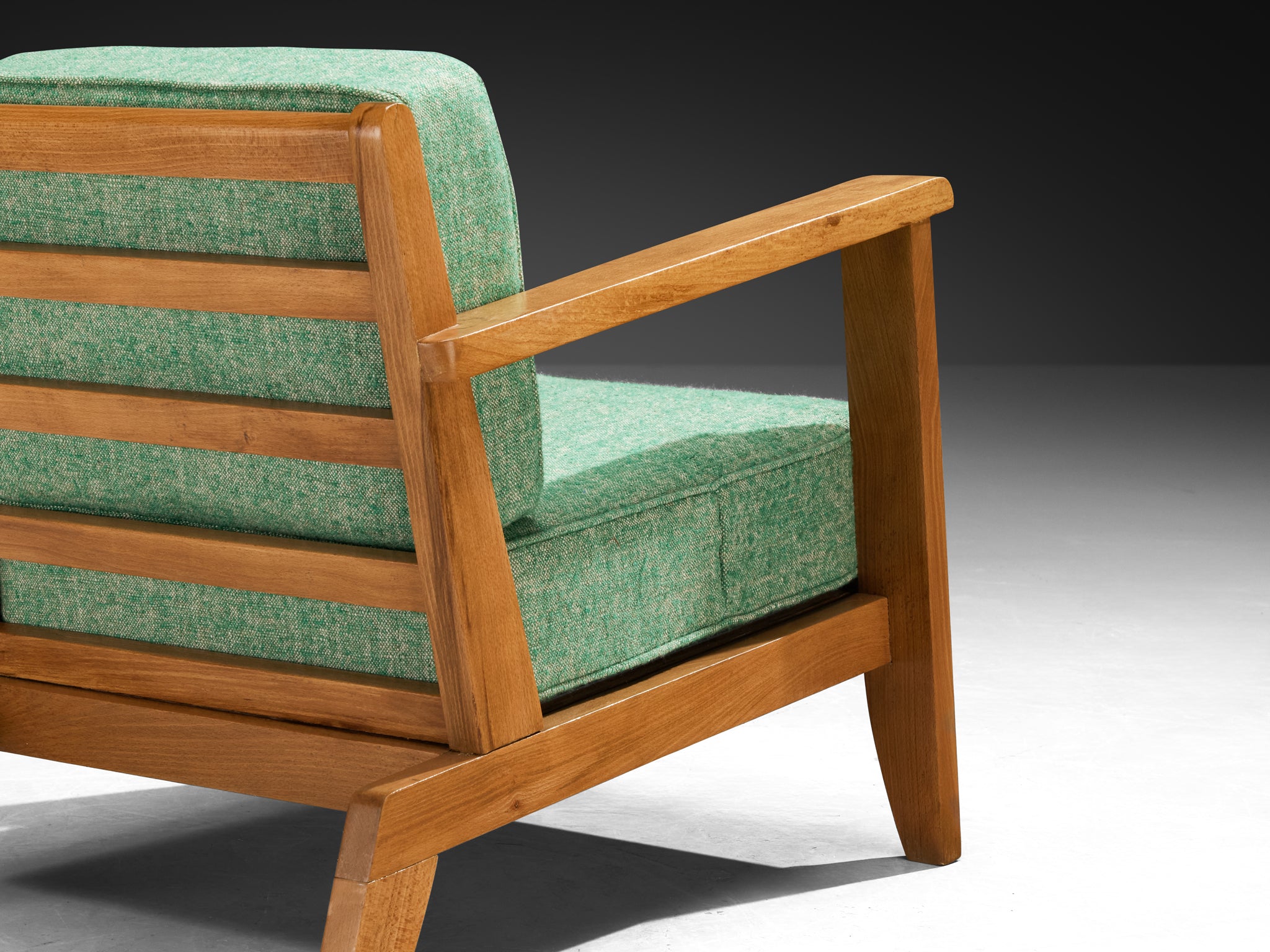René Gabriel Lounge Chair in Green Linen Pierre Frey Fabric and Wood Seating Morentz