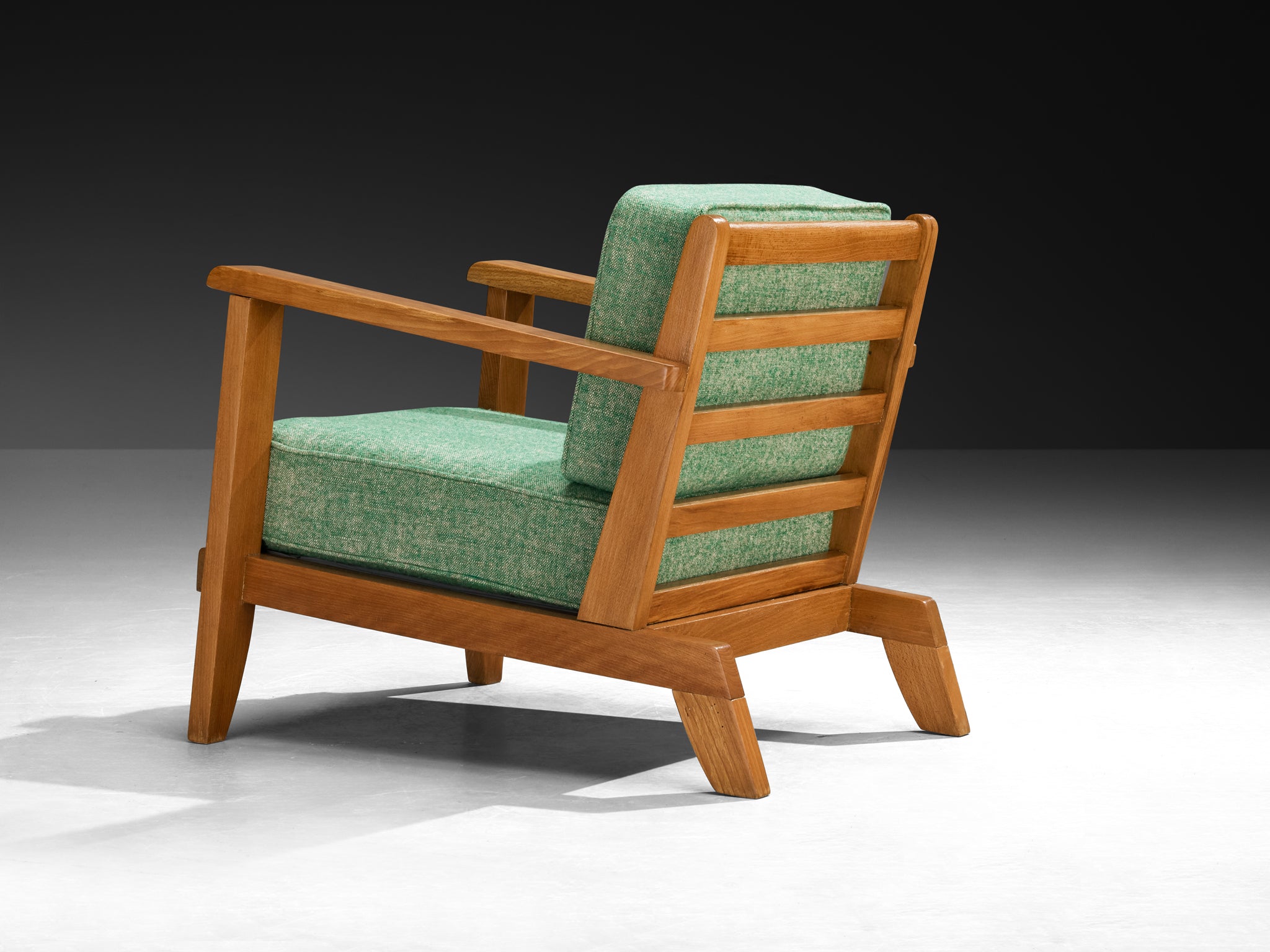 René Gabriel Lounge Chair in Green Linen Pierre Frey Fabric and Wood Seating Morentz