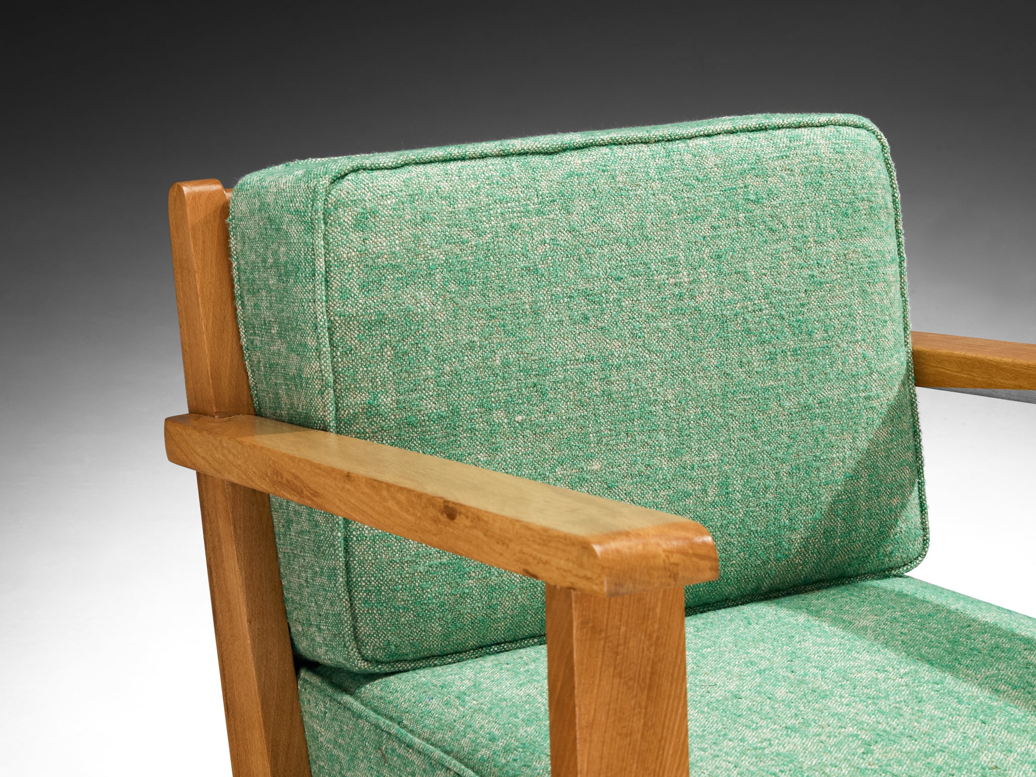 René Gabriel Lounge Chair in Green Linen Pierre Frey Fabric and Wood Seating Morentz