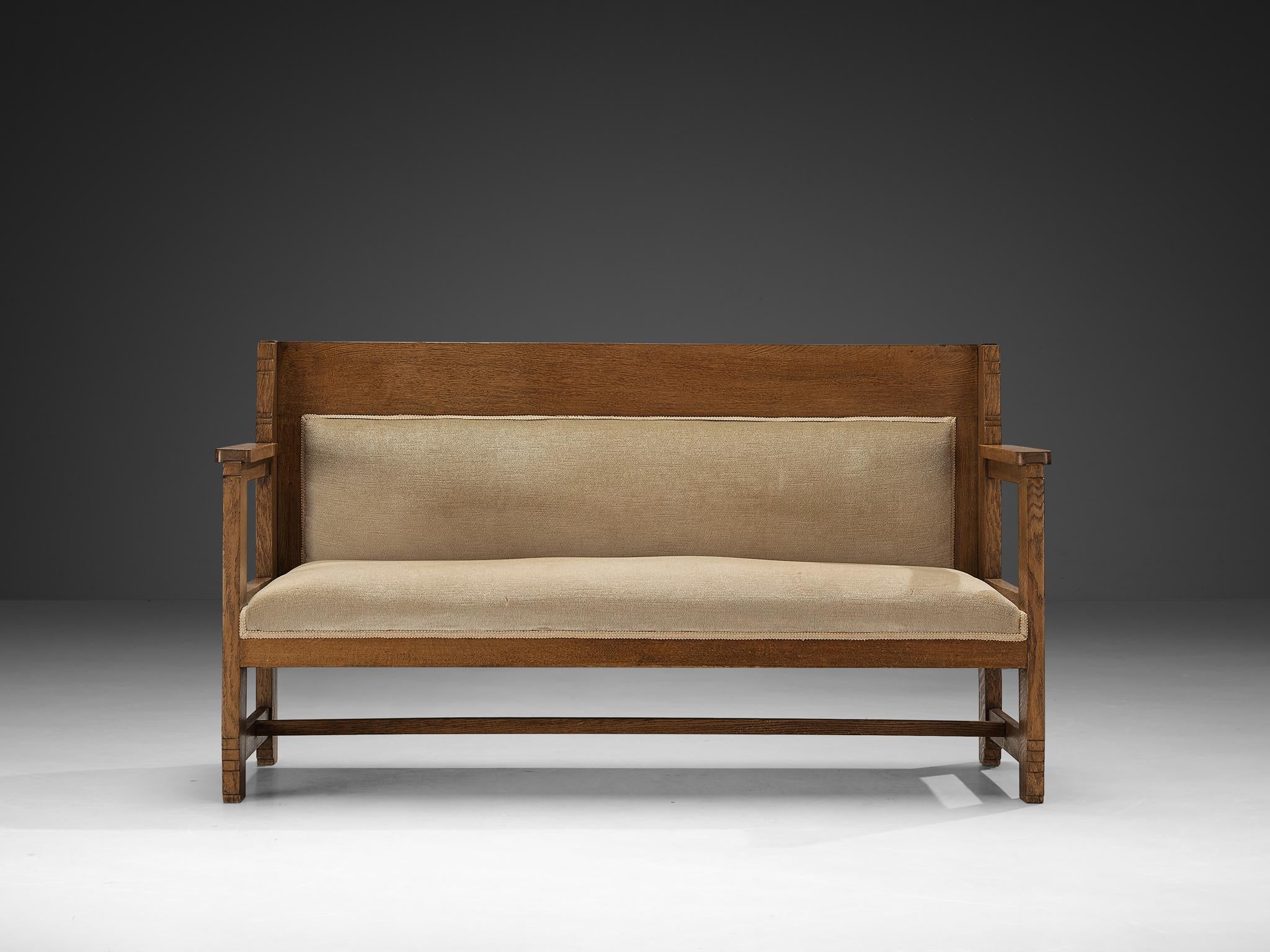 Haagse School Two Seat Bench in Oak and Beige Fabric seating Morentz