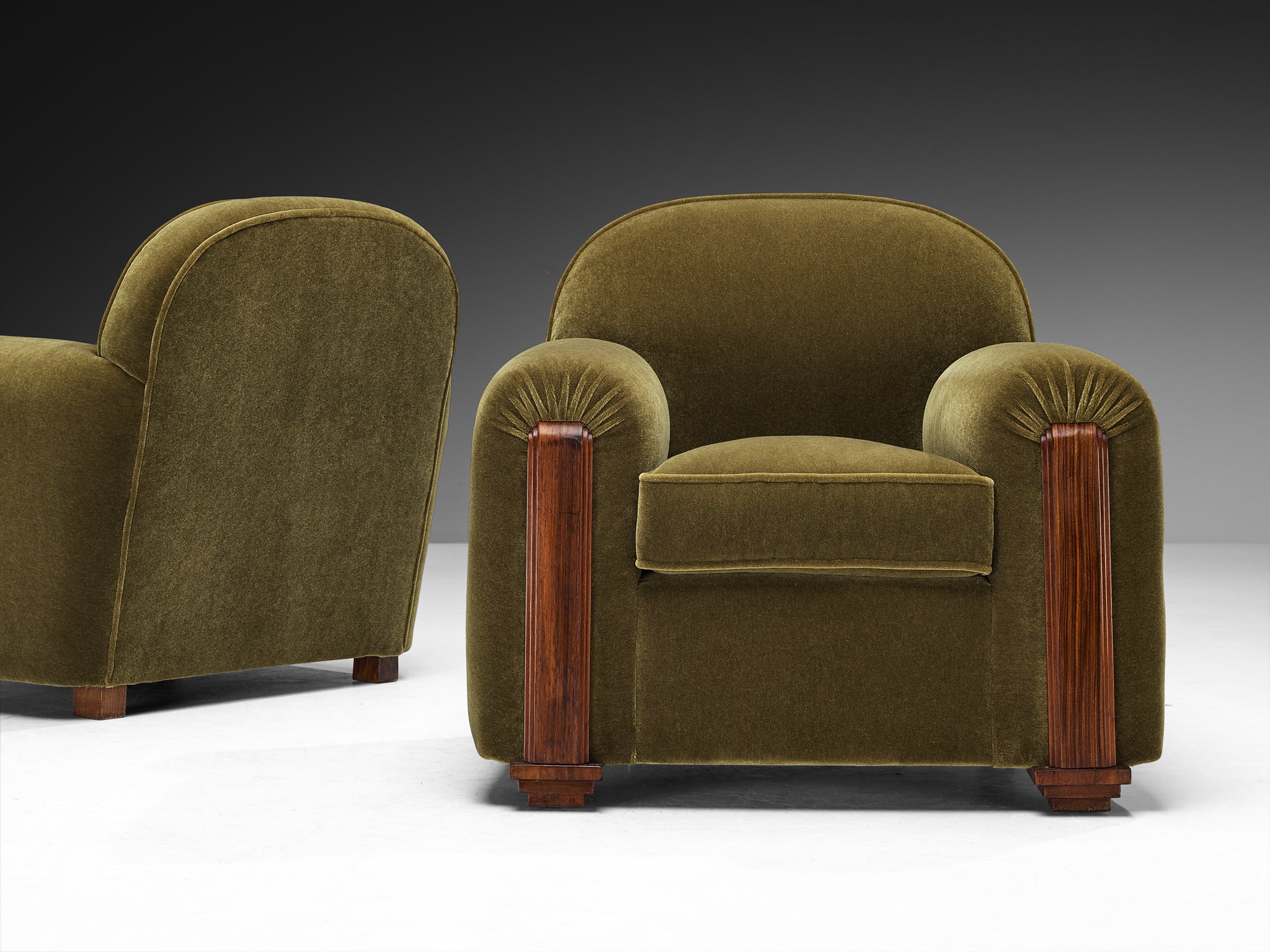 Jean Pascaud Rare Pair of Lounge Chairs in Earthy Olive Mohair by Pierre Frey