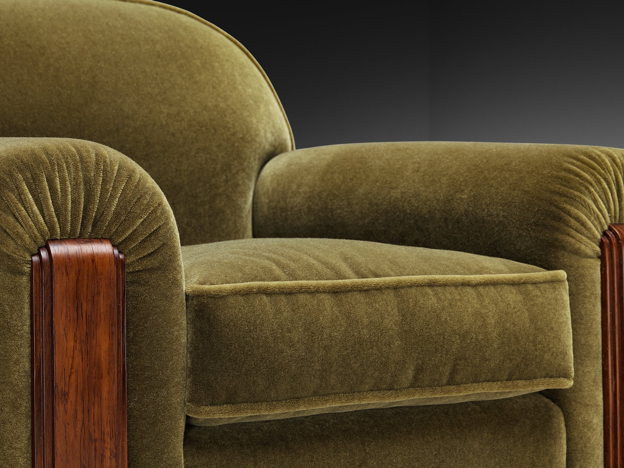 Jean Pascaud Rare Pair of Lounge Chairs in Earthy Olive Mohair by Pierre Frey Seating Morentz