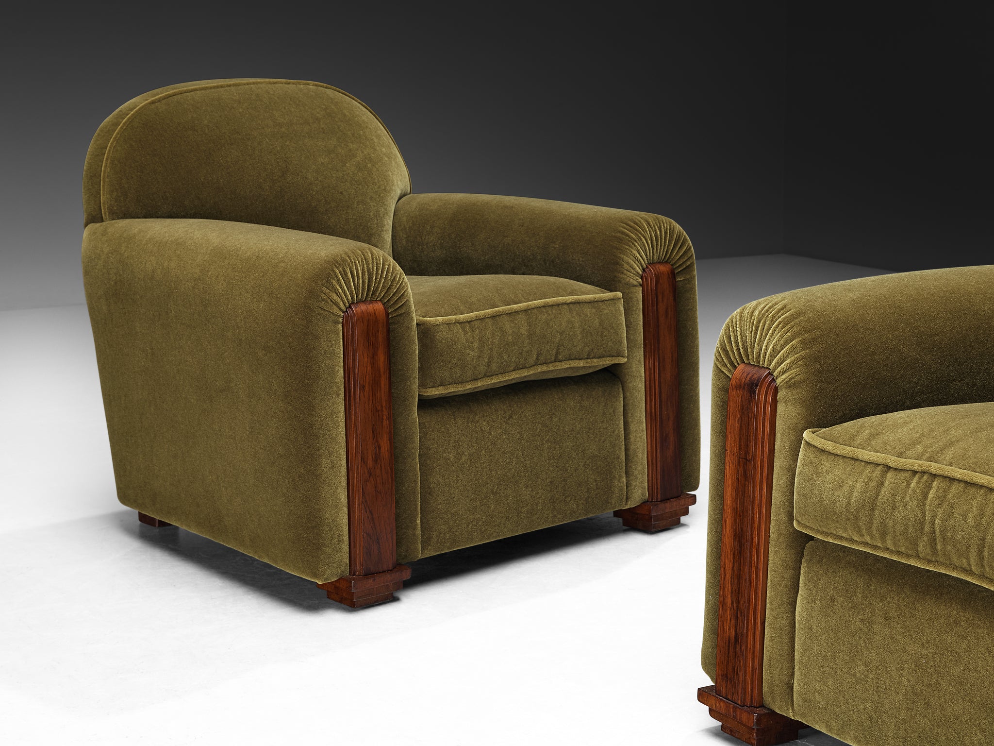 Jean Pascaud Rare Pair of Lounge Chairs in Earthy Olive Mohair by Pierre Frey Seating Morentz