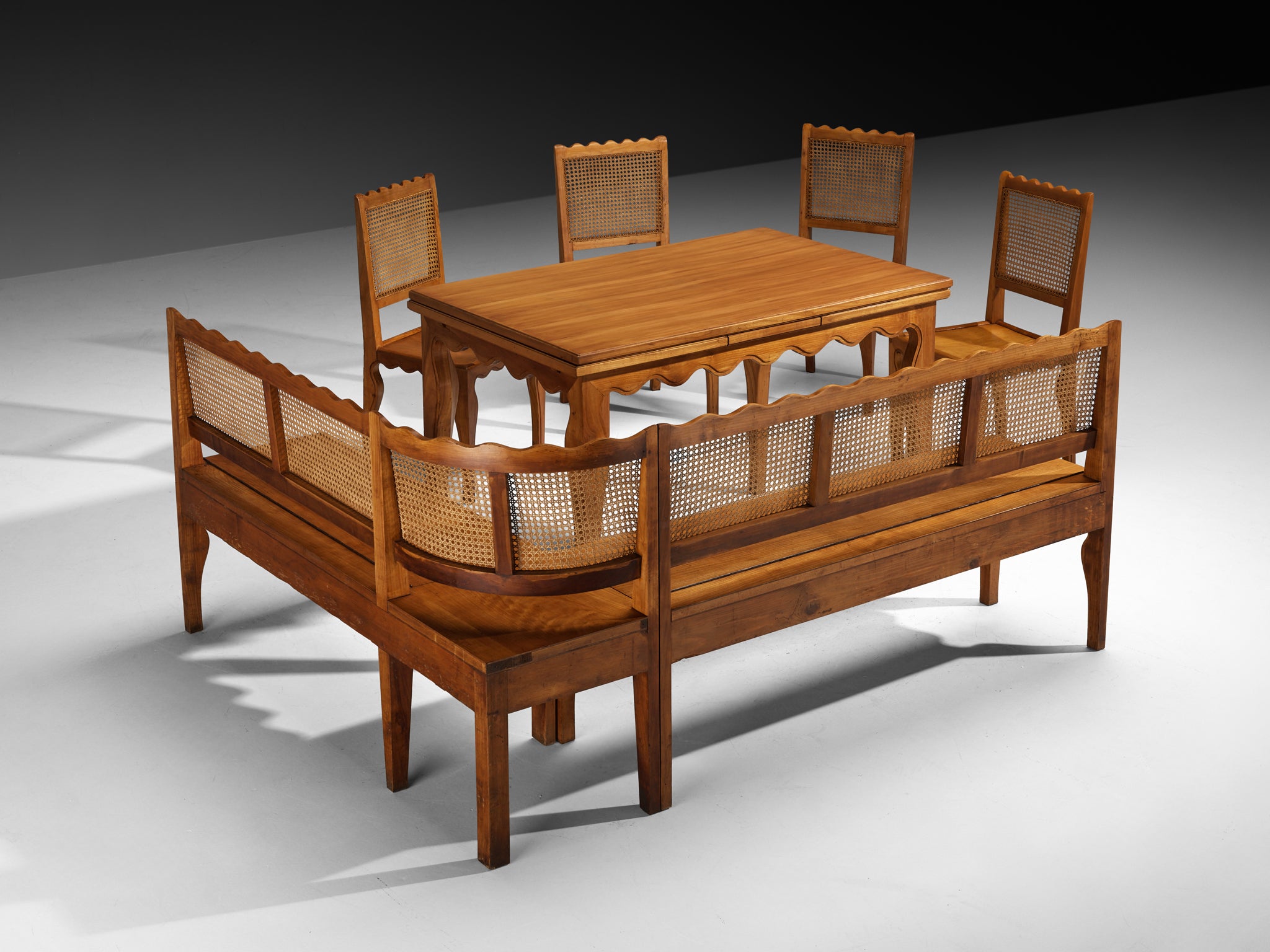 1940s Paolo Buffa Custom Dining Room Set in Cherry Wood and Cane Tables Morentz