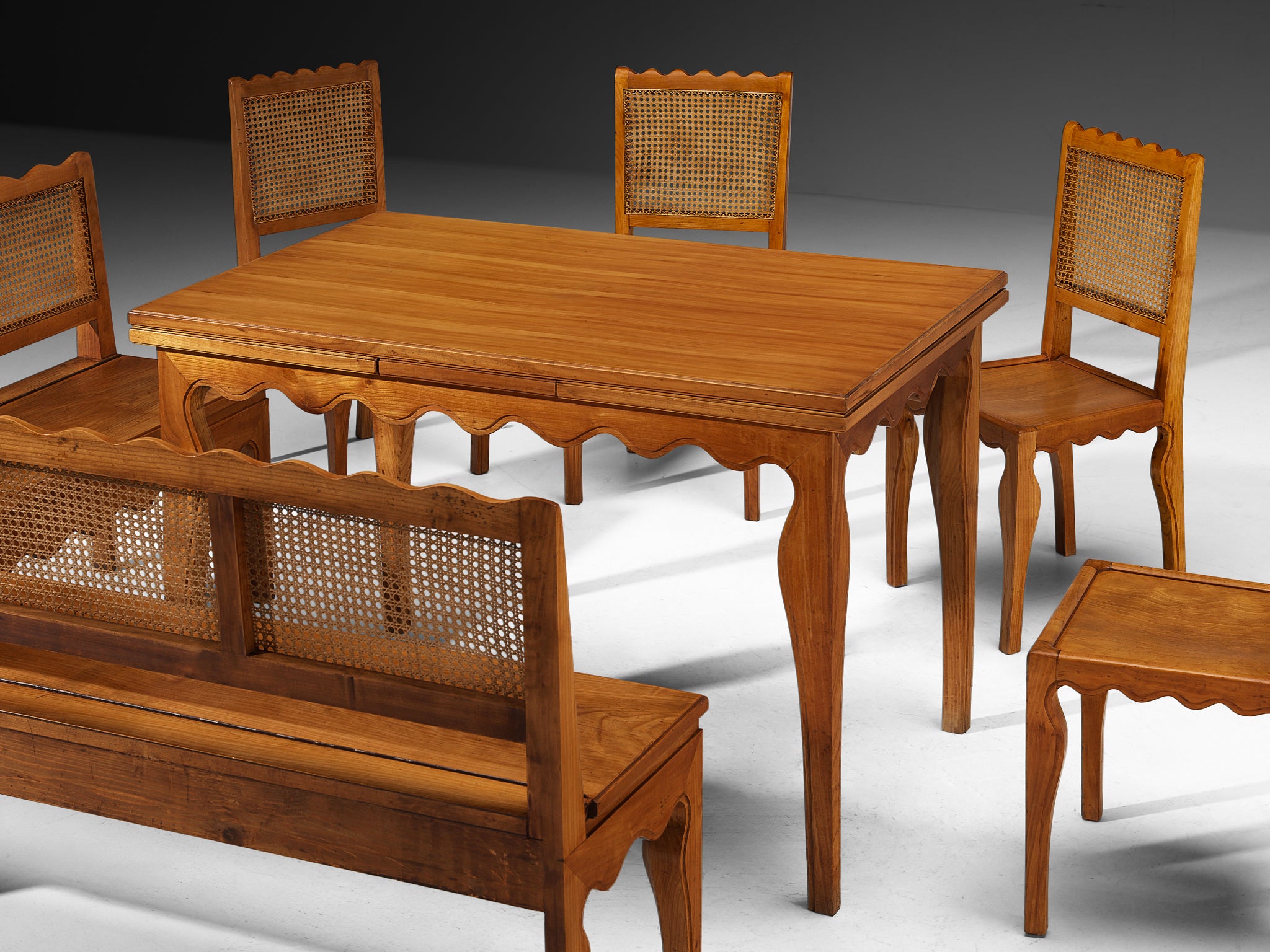 1940s Paolo Buffa Custom Dining Room Set in Cherry Wood and Cane Tables Morentz