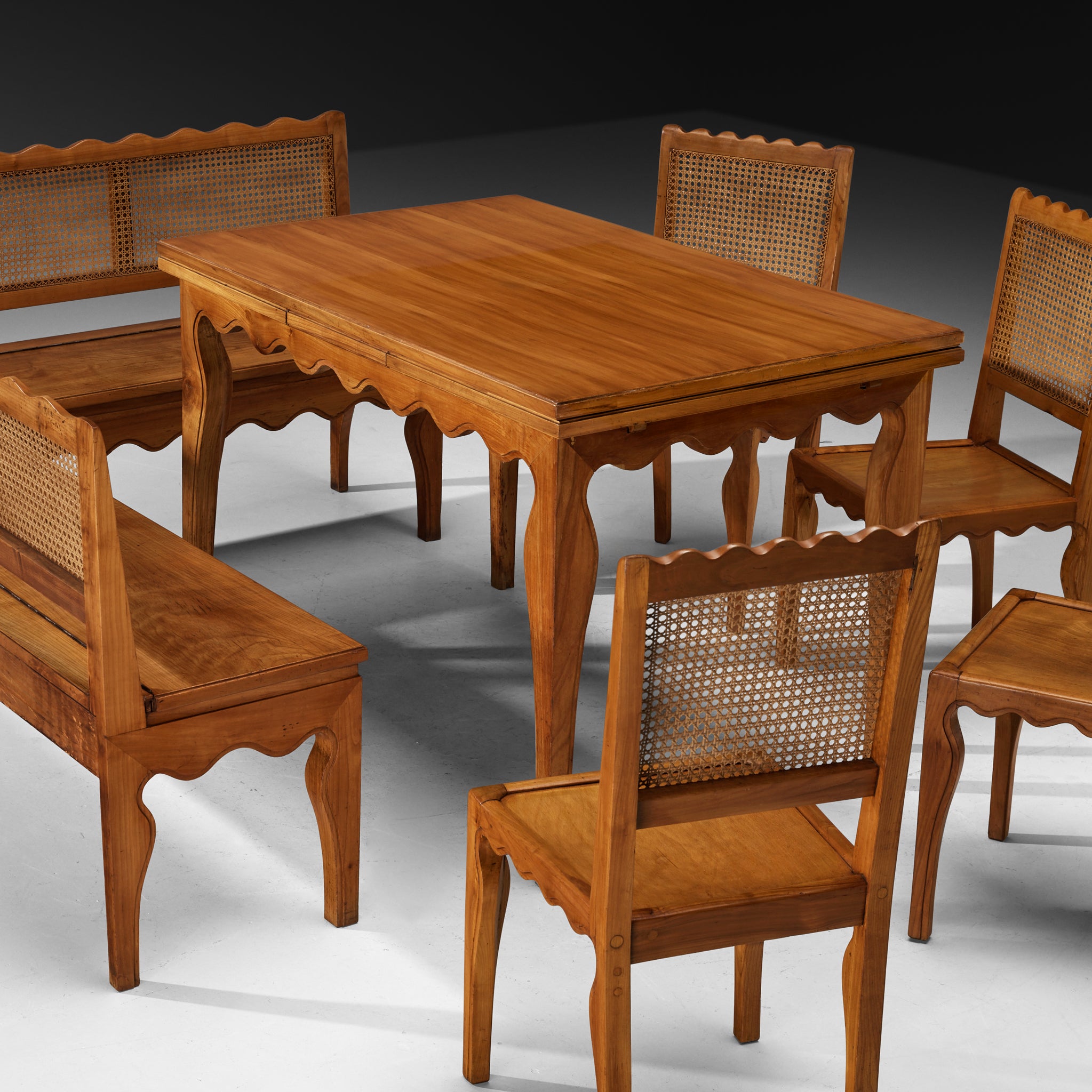 1940s Paolo Buffa Custom Dining Room Set in Cherry Wood and Cane Tables Morentz