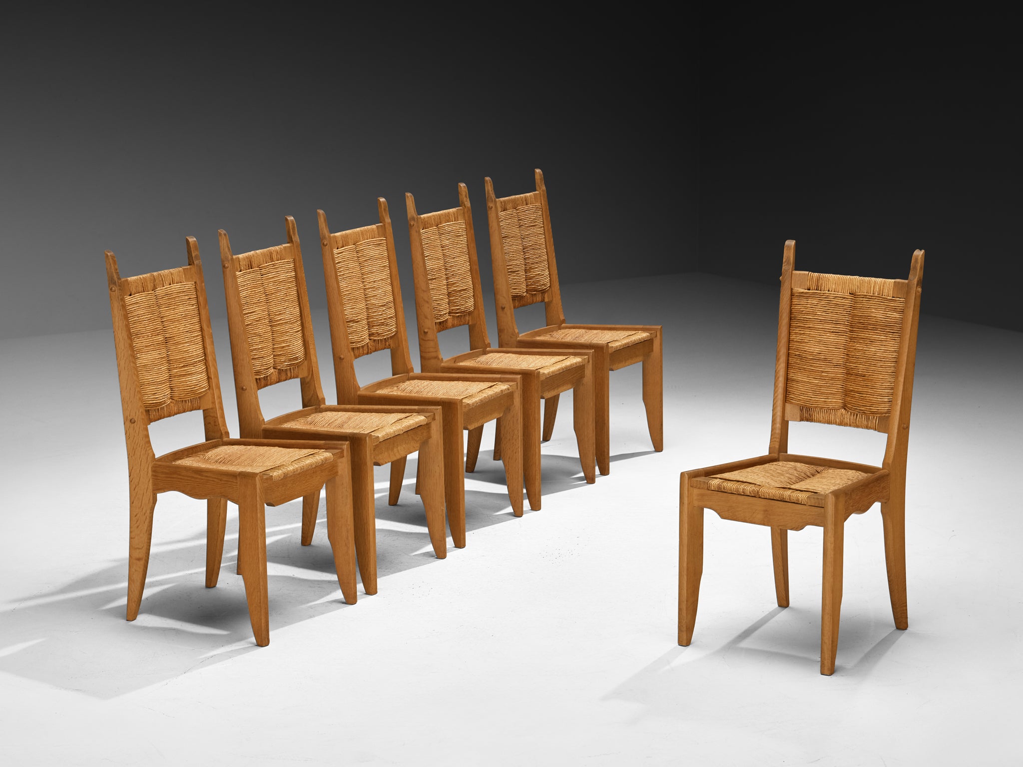 Guillerme & Chambron Set of Twelve Dining Chairs in Oak and Straw Seating Morentz