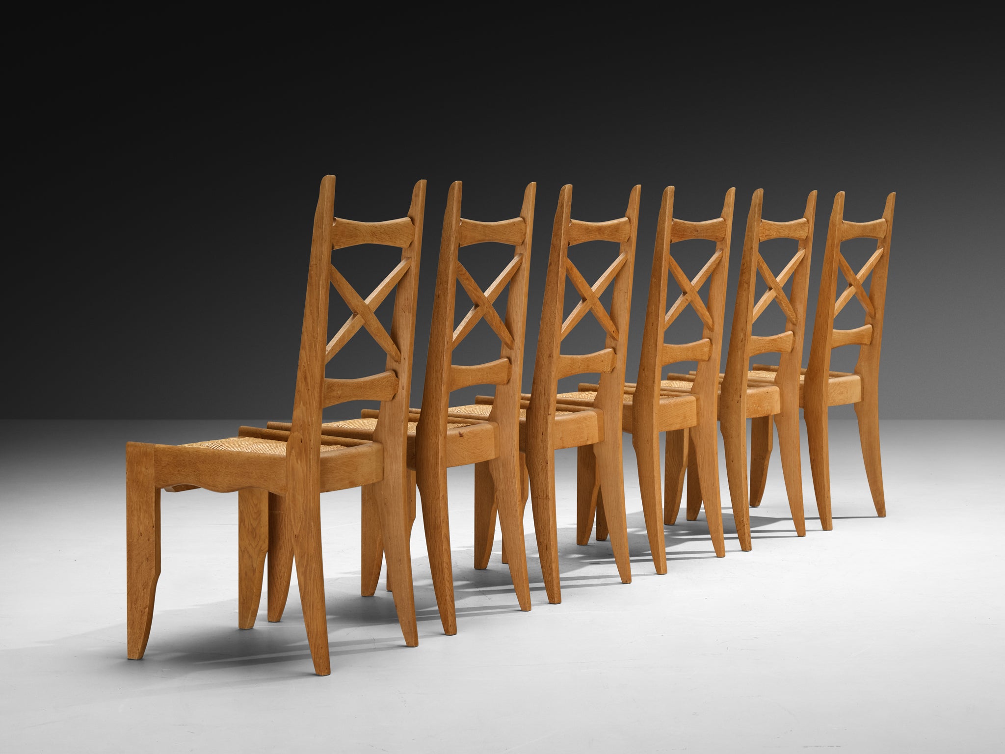 Guillerme & Chambron Set of Twelve Dining Chairs in Oak and Straw Seating Morentz