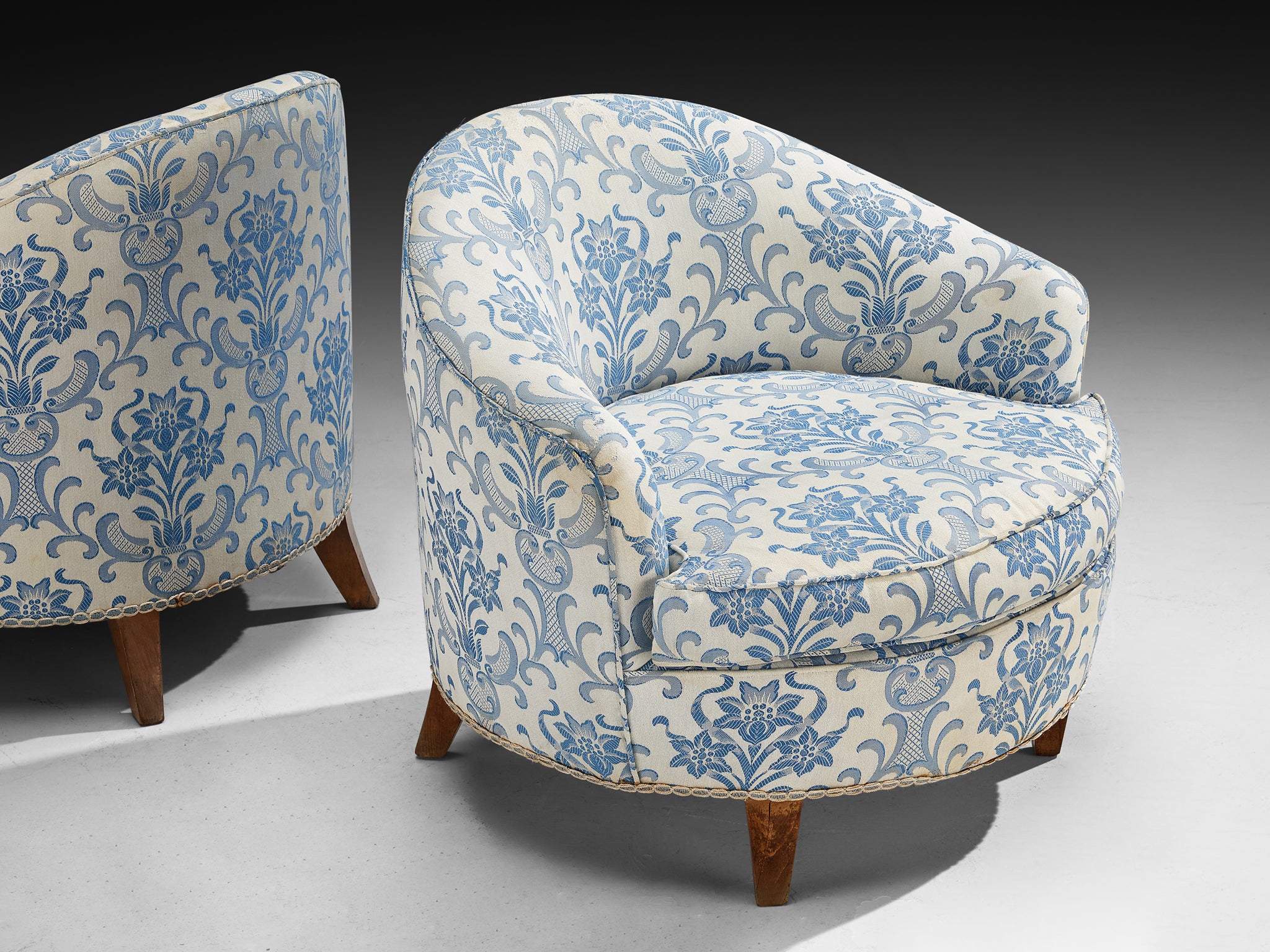 Pair of Charming Italian Mid-Century Lounge Chairs in Light Blue Damask Fabric Seating Morentz