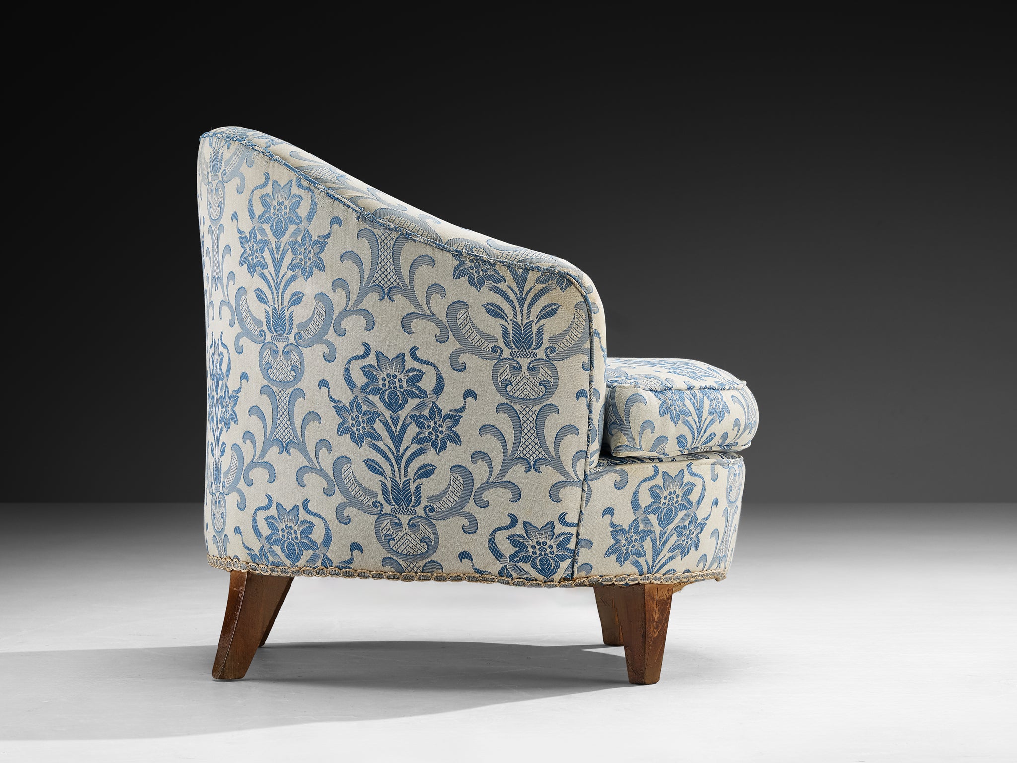 Pair of Charming Italian Mid-Century Lounge Chairs in Light Blue Damask Fabric Seating Morentz